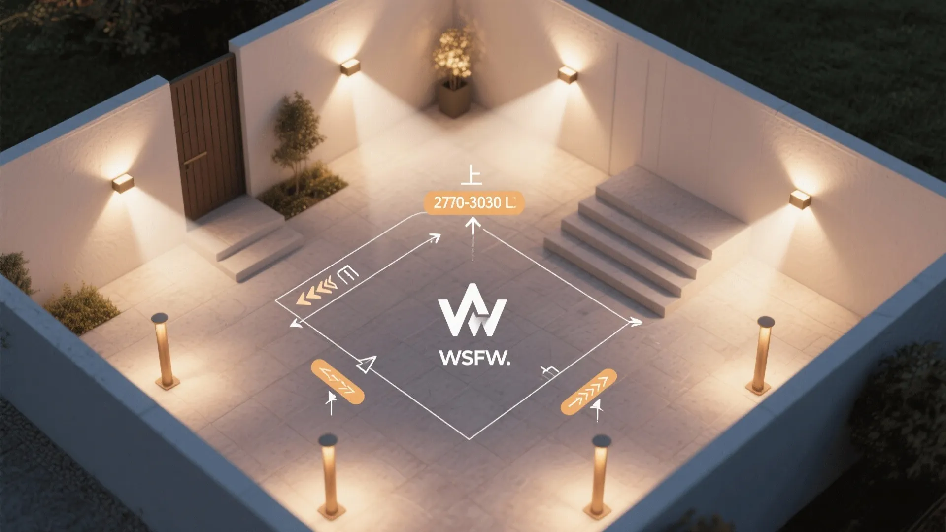 Top-down layout showing warm up down lights and low step lights with beam spreads in a small courtyard.