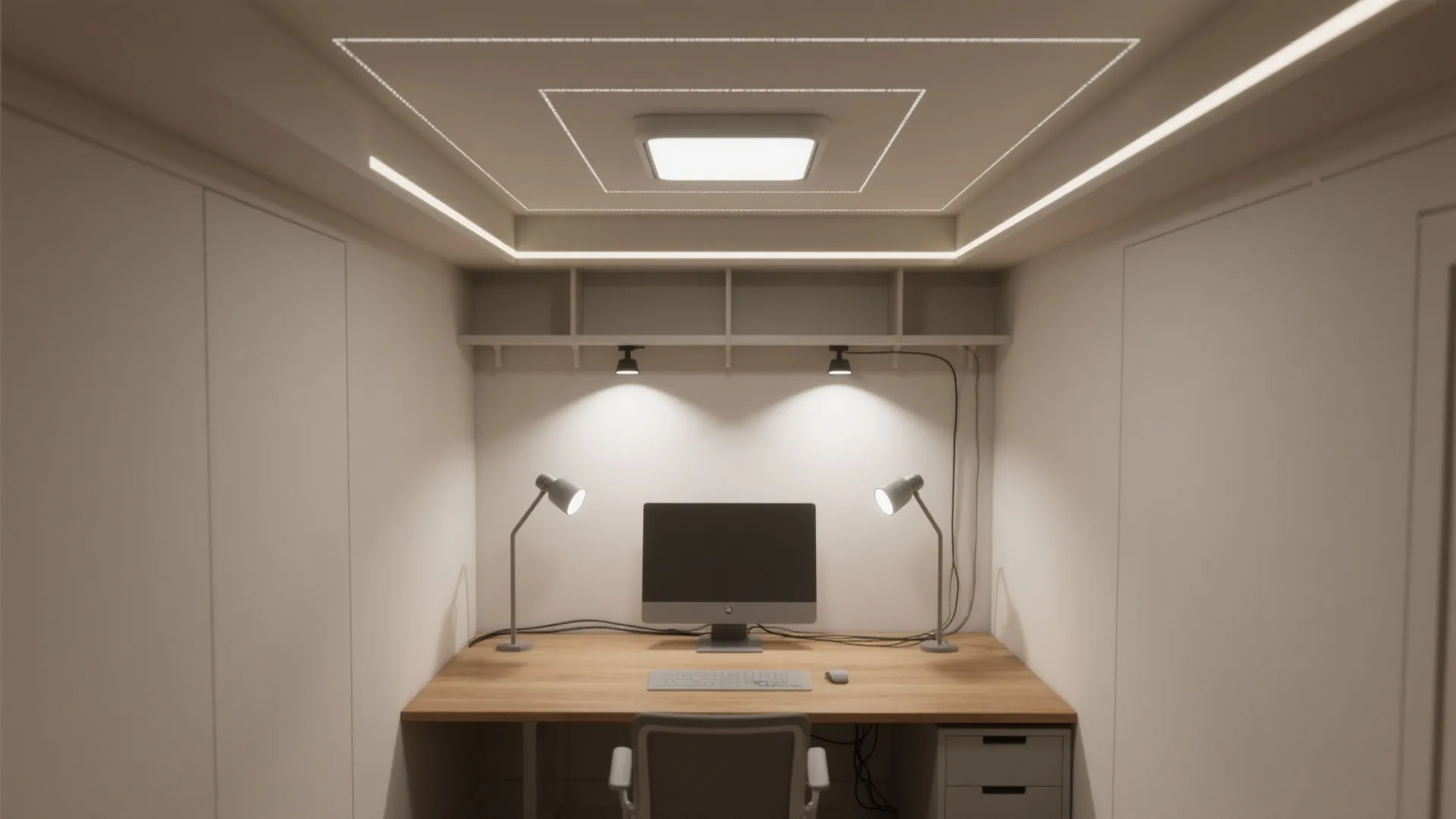 Modern workspace with multiple light fixtures including desk lamps and square ceiling light with computer