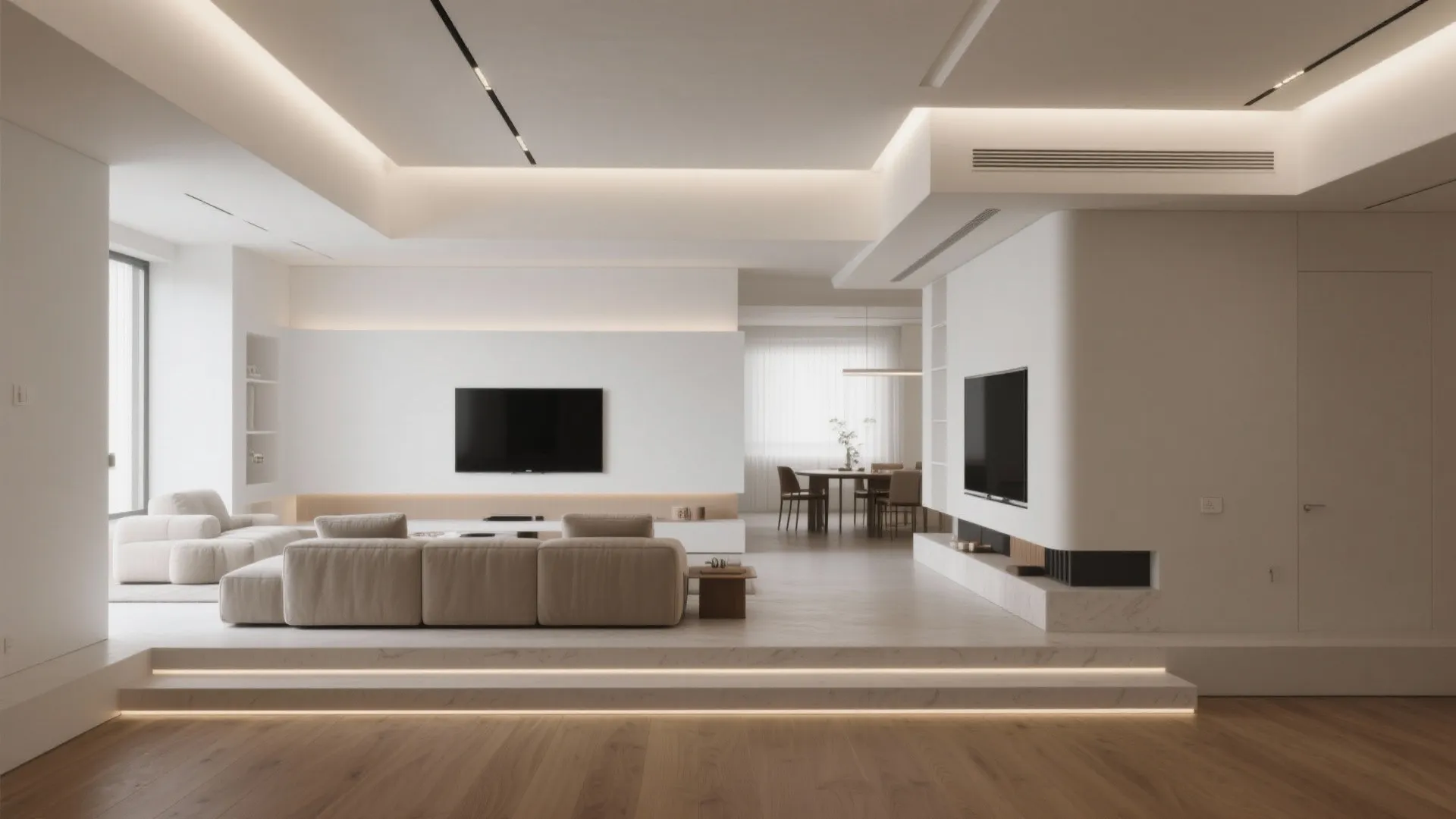 Stepped and layered plaster planes to zone space