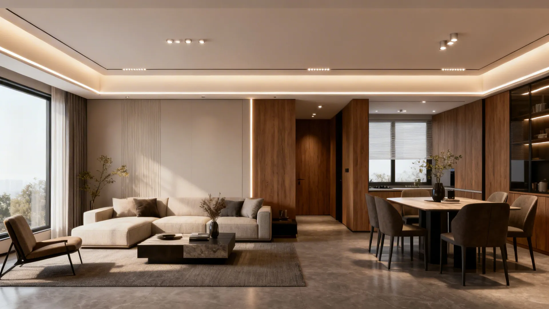 Two-level false ceiling defining lounge and dining in an L-shaped room