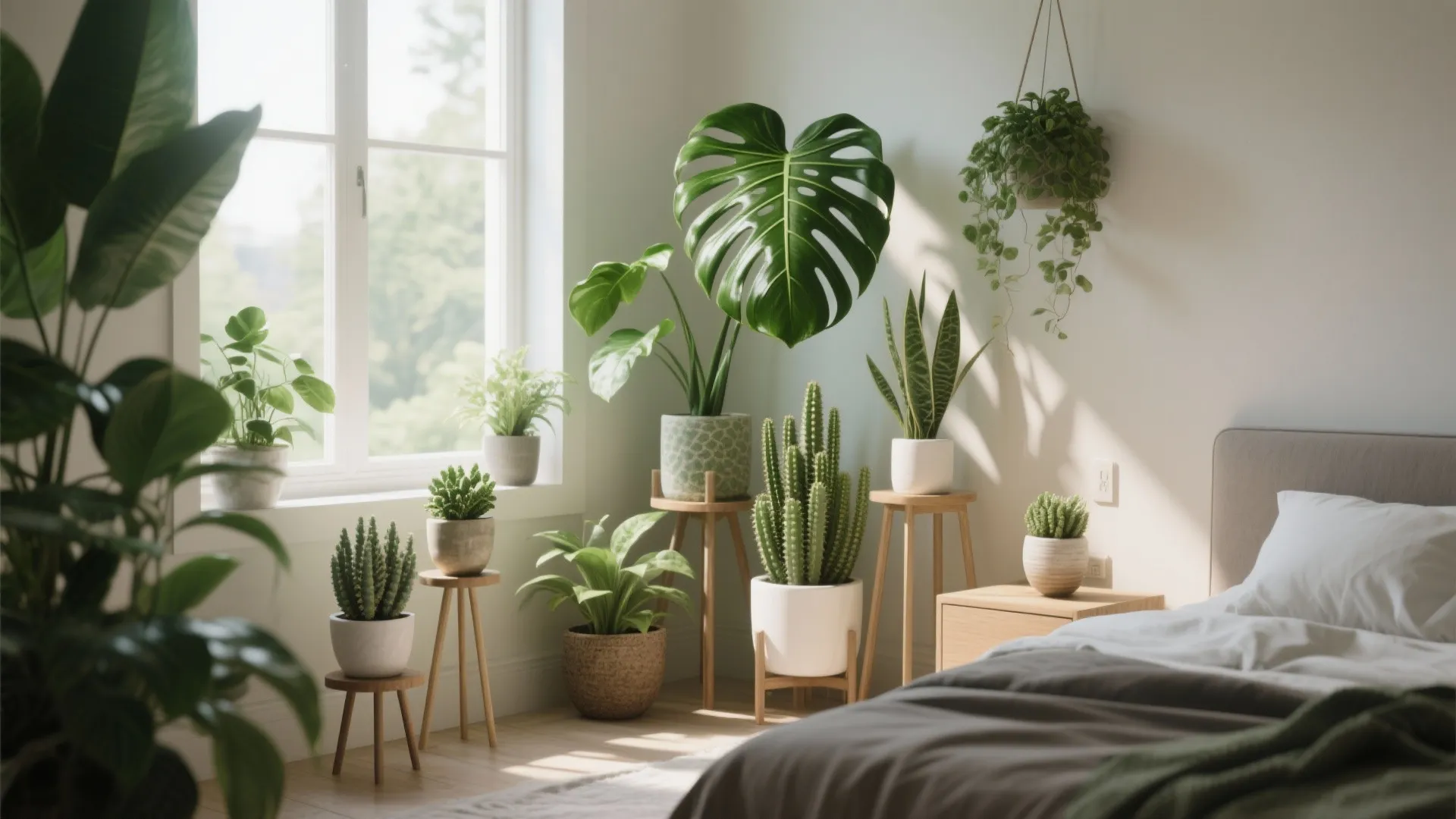 2. Layered plant stands by the window