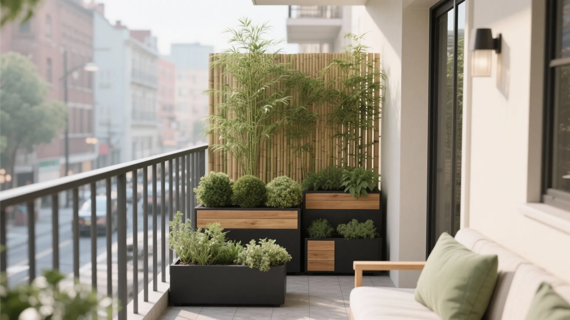 Balcony with low herbs, mid-height shrubs, and tall privacy plants layered for depth.