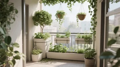 Green Balcony Oasis with Hanging Planters