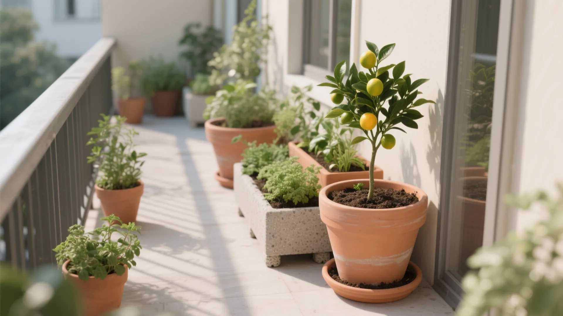 Sunny balcony featuring small lemon tree in terracotta pot alongside various green potted garden plants