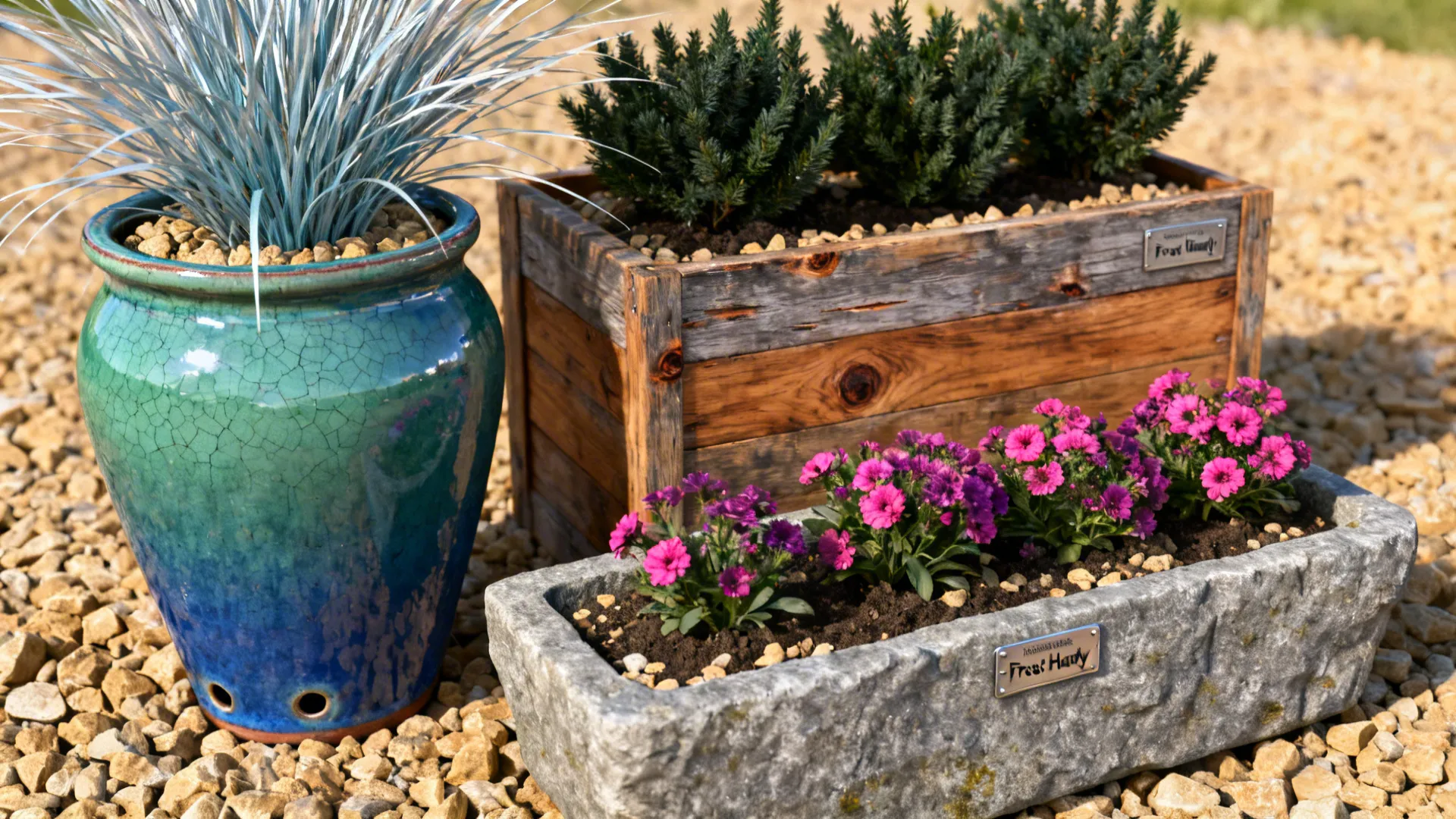Close-up of varied-height ceramic, wood, and stone planters with mixed plants and visible drainage detail.
