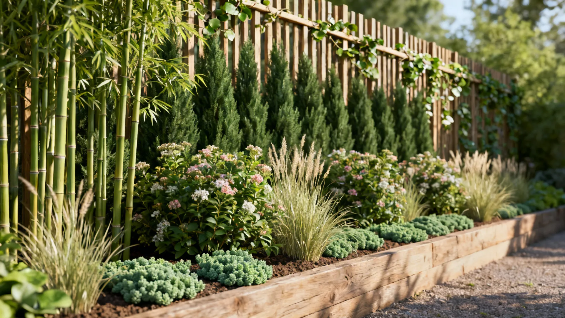 Layered narrow planting with bamboo, shrubs, groundcover and a slim trellis.