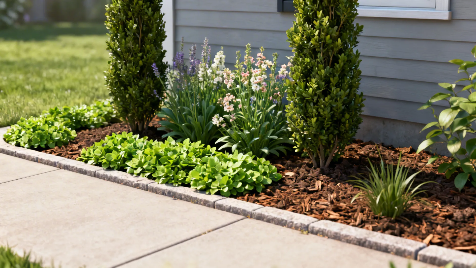 Narrow planting bed with groundcover, mid-height perennials and slender shrubs beside a walkway