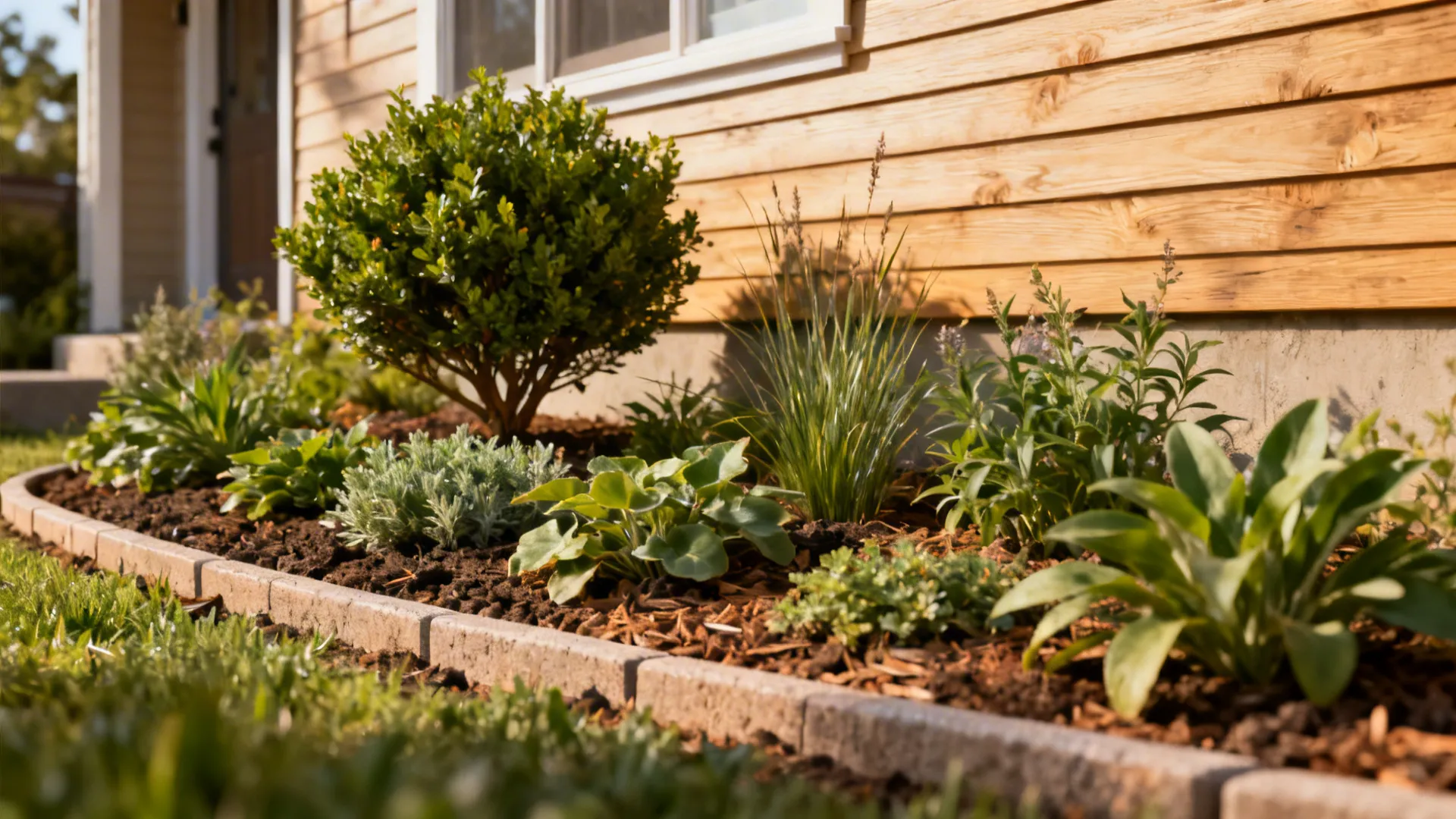 Shallow layered planting beds with low groundcover, perennials, and a focal shrub beside a walkway.