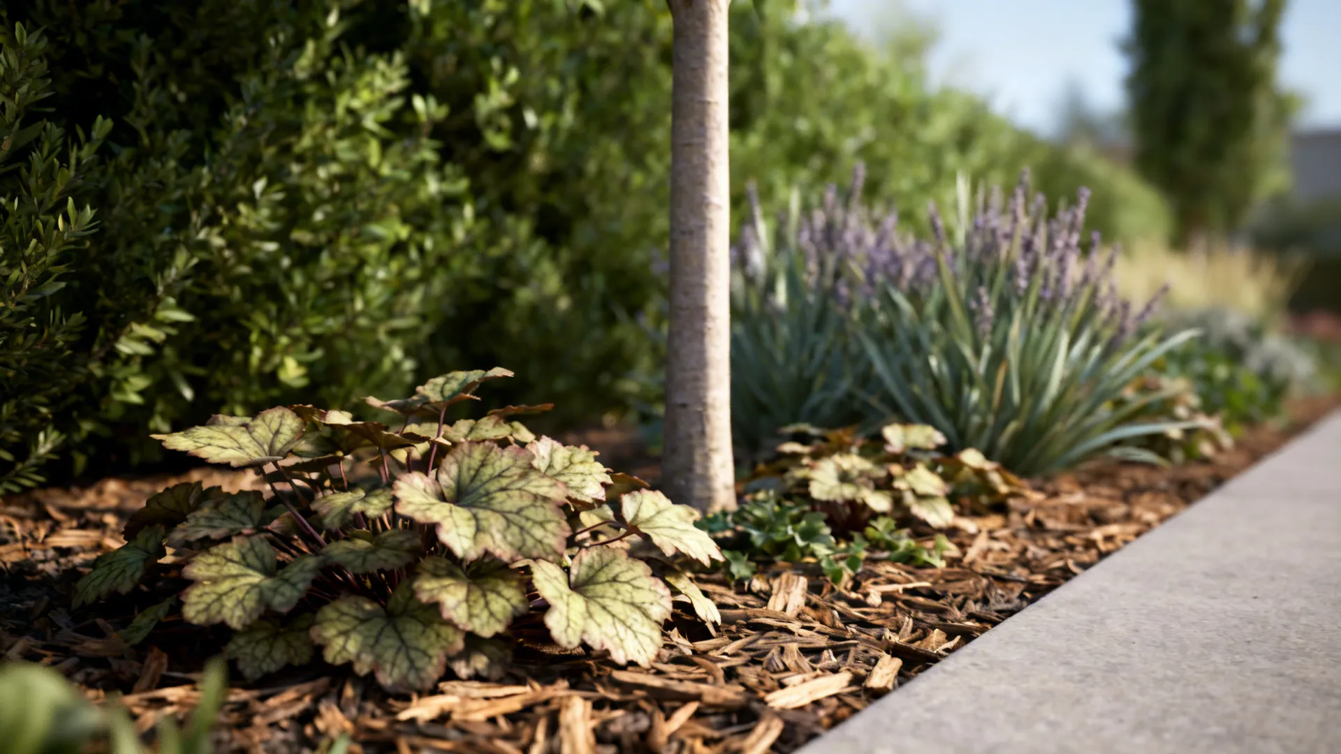 Close-up of layered low-maintenance plantings with groundcover, perennials and a columnar tree.