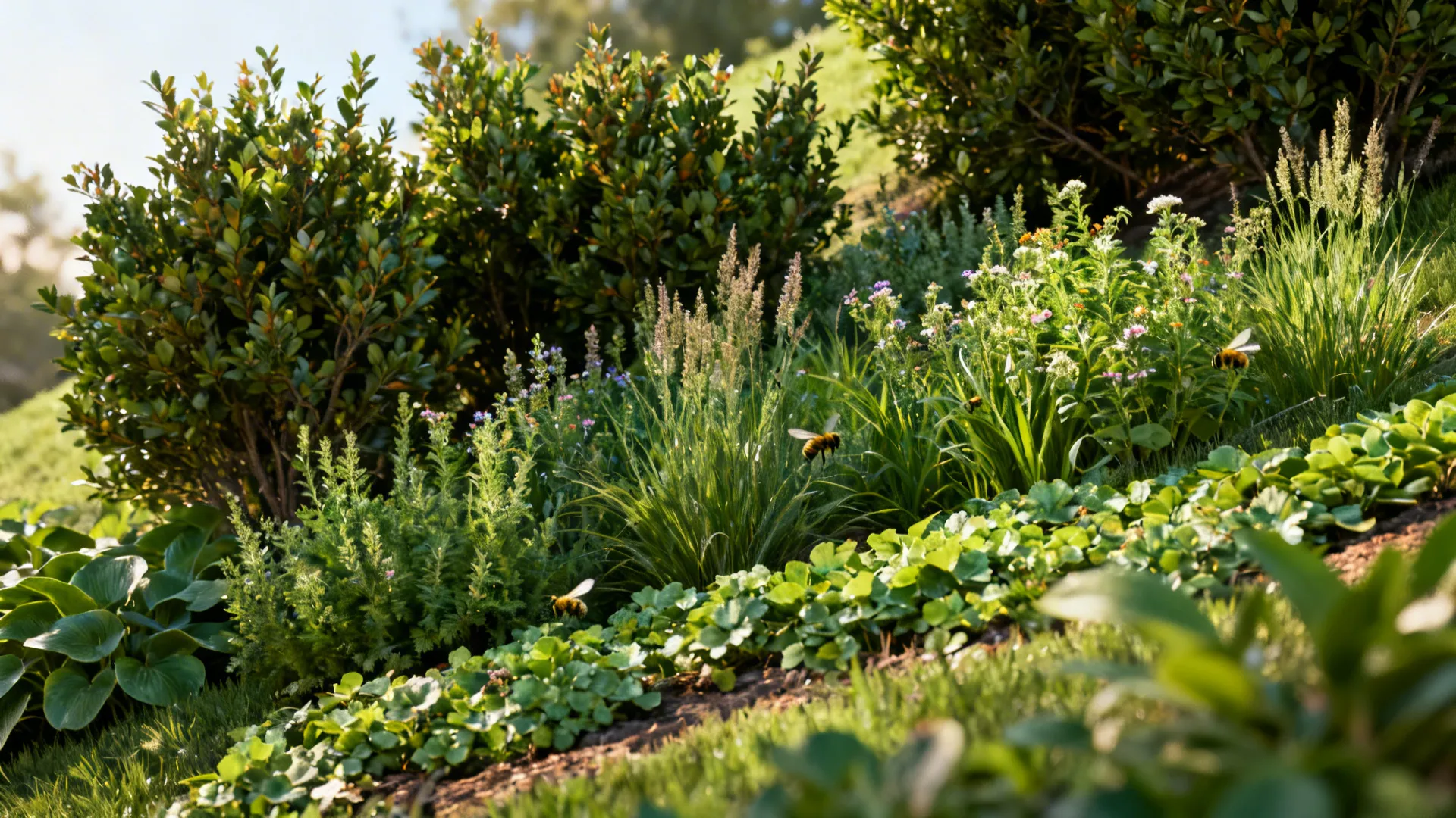 Layered planting on a slope with tall shrubs, mid perennials and low groundcovers.