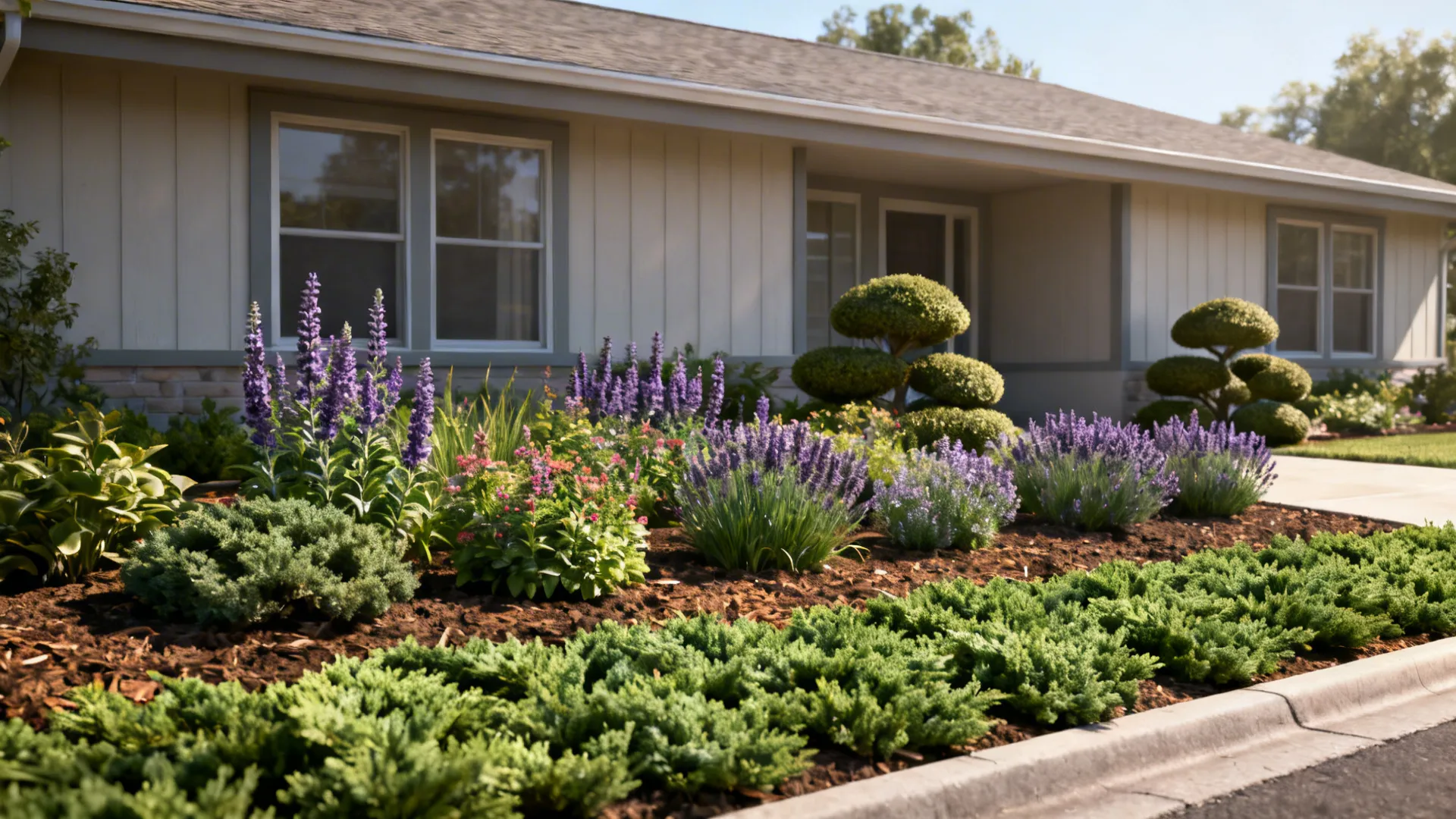 Three-tiered low plantings in front of a ranch house emphasizing horizontal lines.