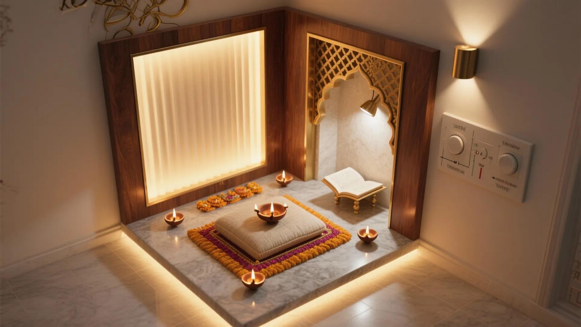 Small prayer room layout with wooden wall panels floor cushions oil lamps and soft lighting