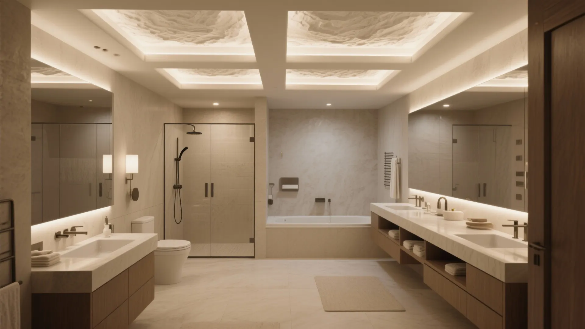 Modern master bathroom featuring layered ceiling lights white bathtub glass shower and large double sink cabinet