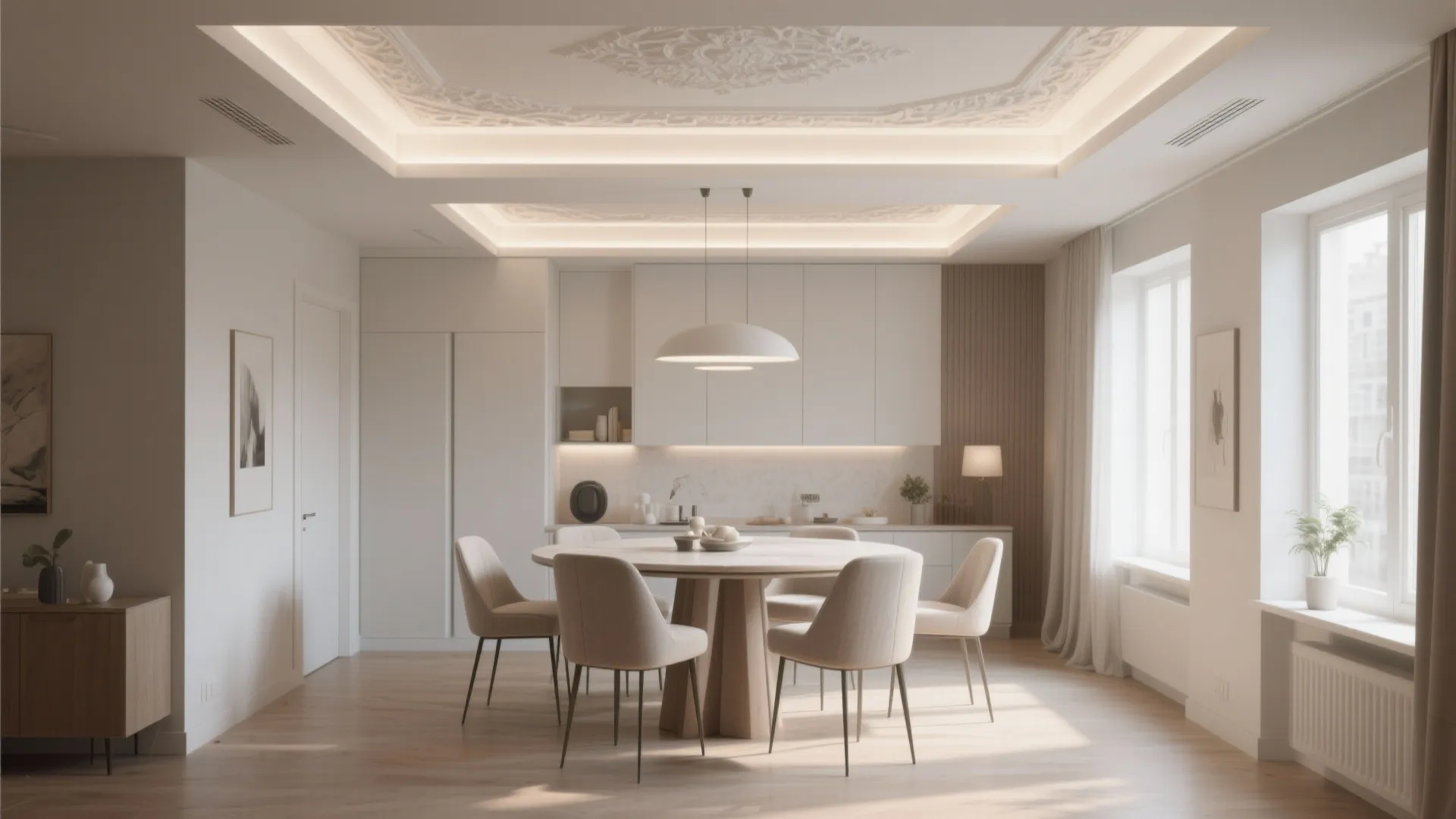 Modern dining area with layered ceiling light design round wooden table and white kitchen cabinets