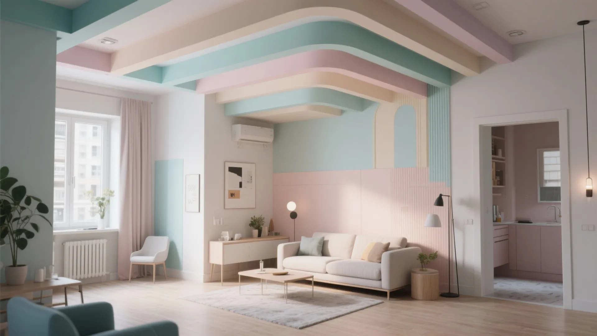 Colorful pastel living room featuring layered blue pink and yellow ceiling beams and white sofa