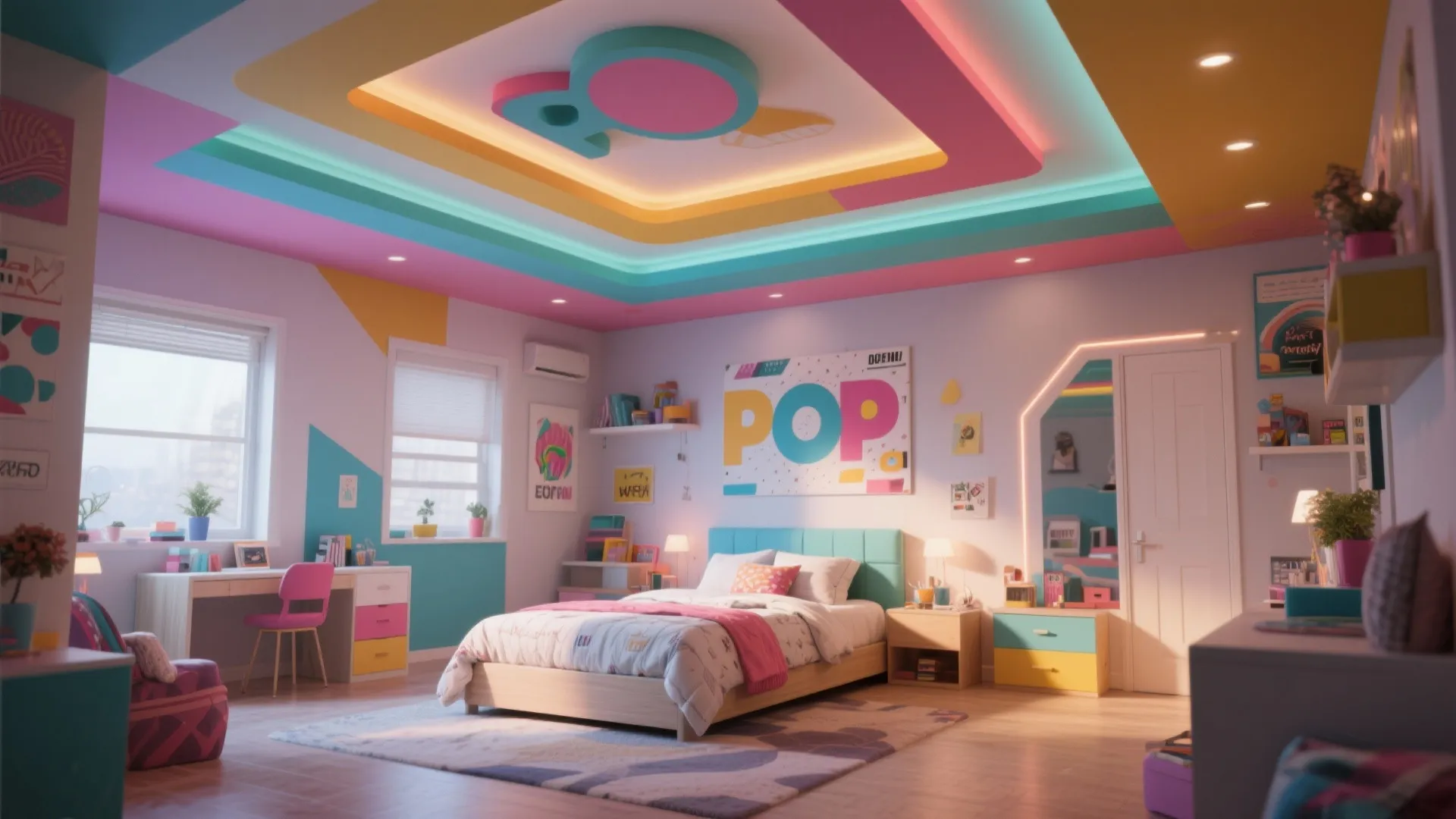 Layered POP False Ceiling with Color Accents