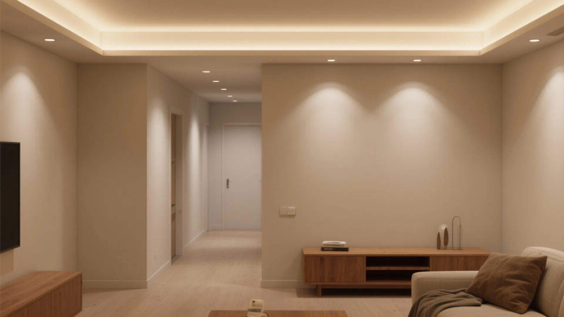 Modern living room featuring a recessed ceiling with warm light hidden in the wall tray
