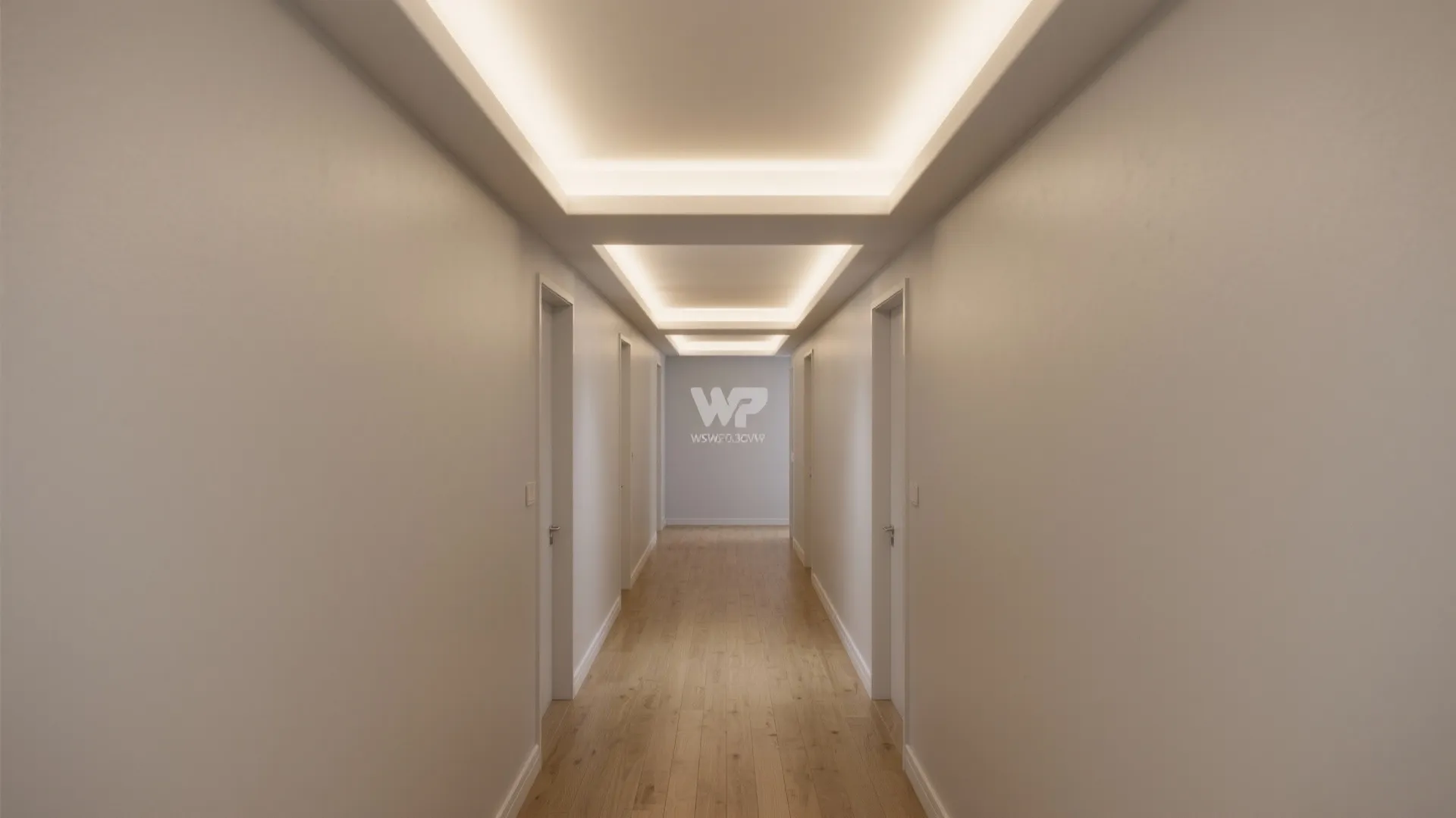 Modern hallway with wooden floors and layered ceiling lights creating a warm glow for rooms