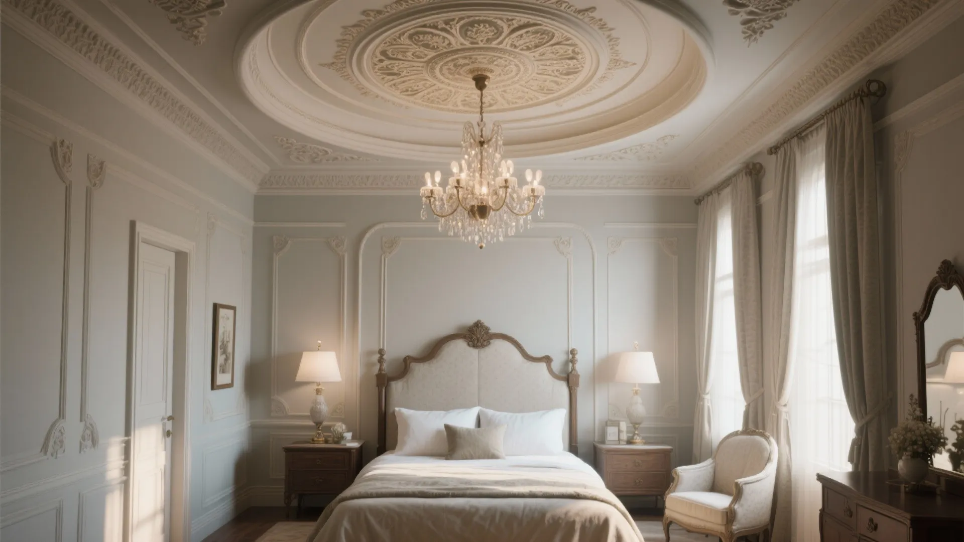 Elegant bedroom with decorative white wall panel, large ceiling light, comfortable bed, and white curtains