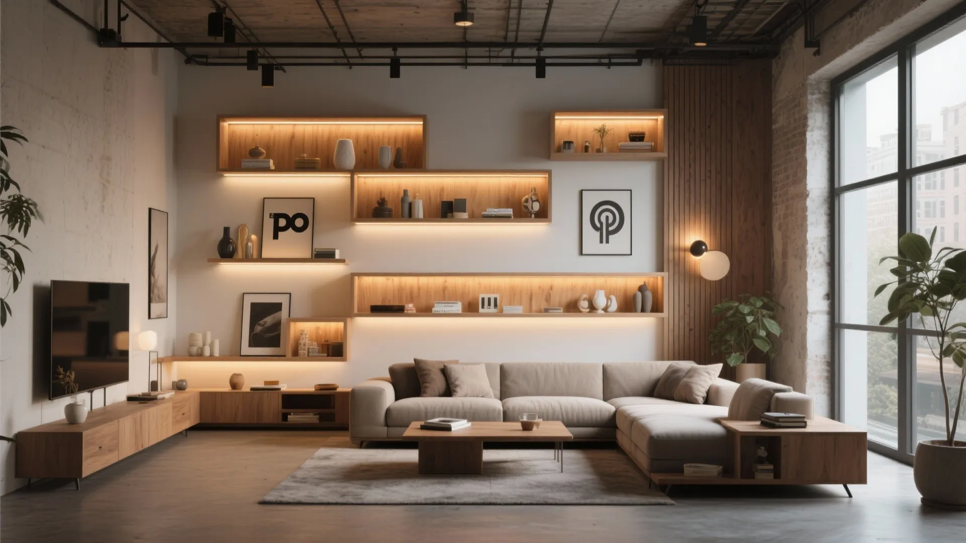 Modern living room featuring wooden wall shelves with built in lights and a grey sofa