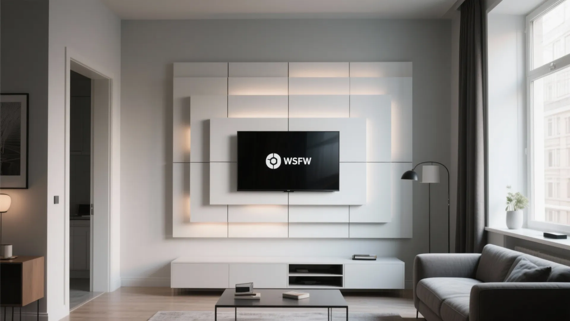 Minimalist living room featuring layered white wall panels with lights television and a grey sofa