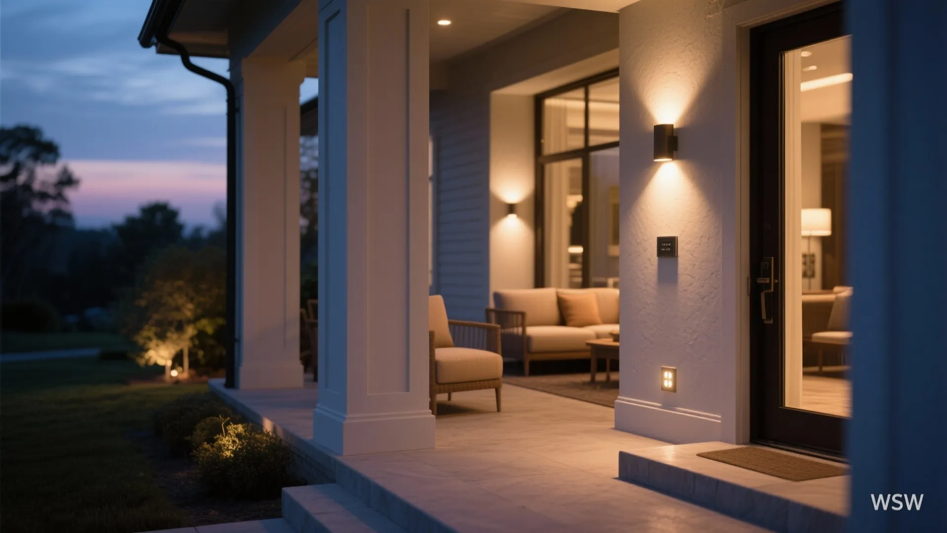 Small porch at dusk with layered wall lights: entry, lounge, and step marker set to different dimmed levels.