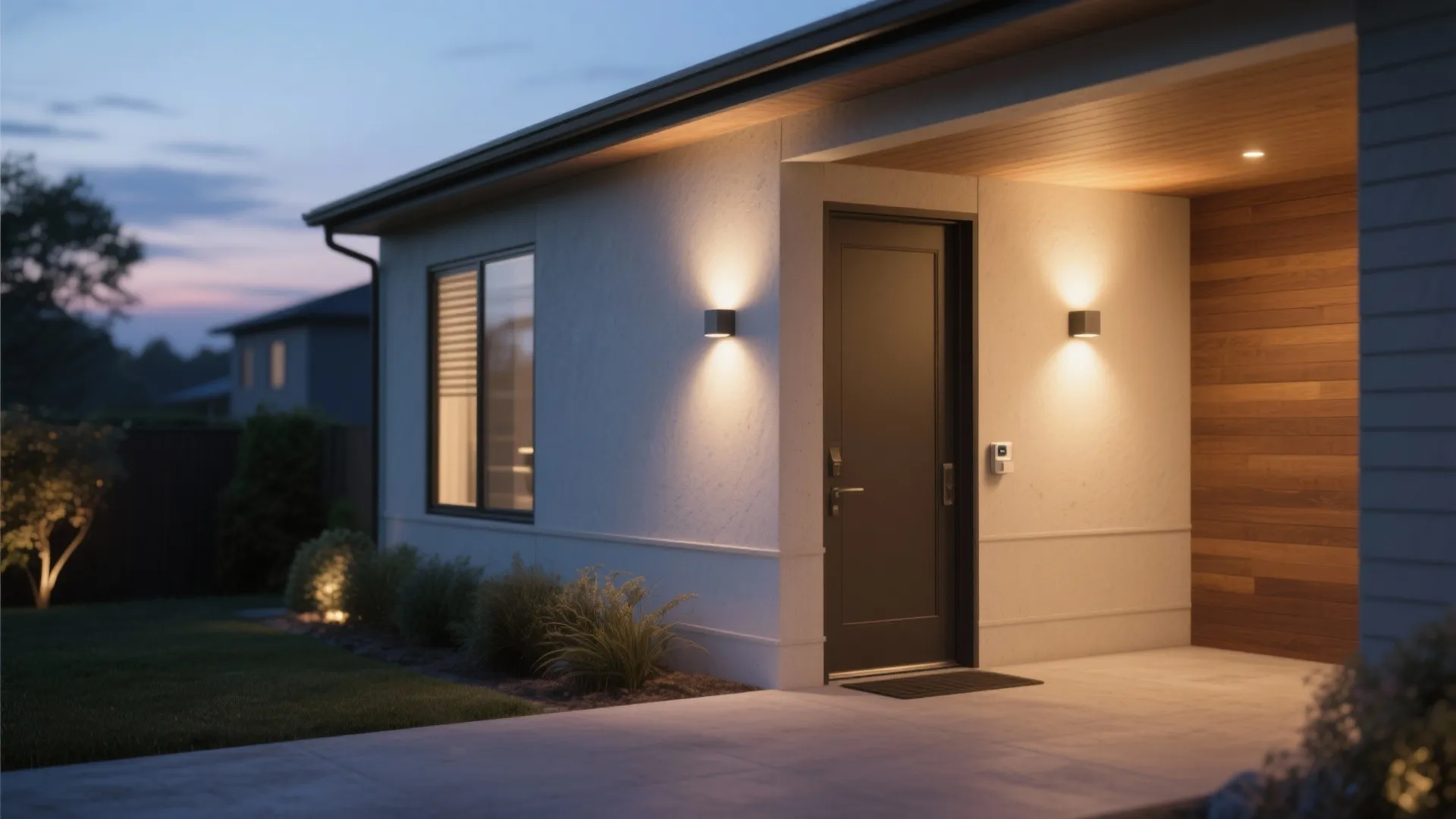 Modern house entrance at night with black door wall lights and warm porch ceiling light