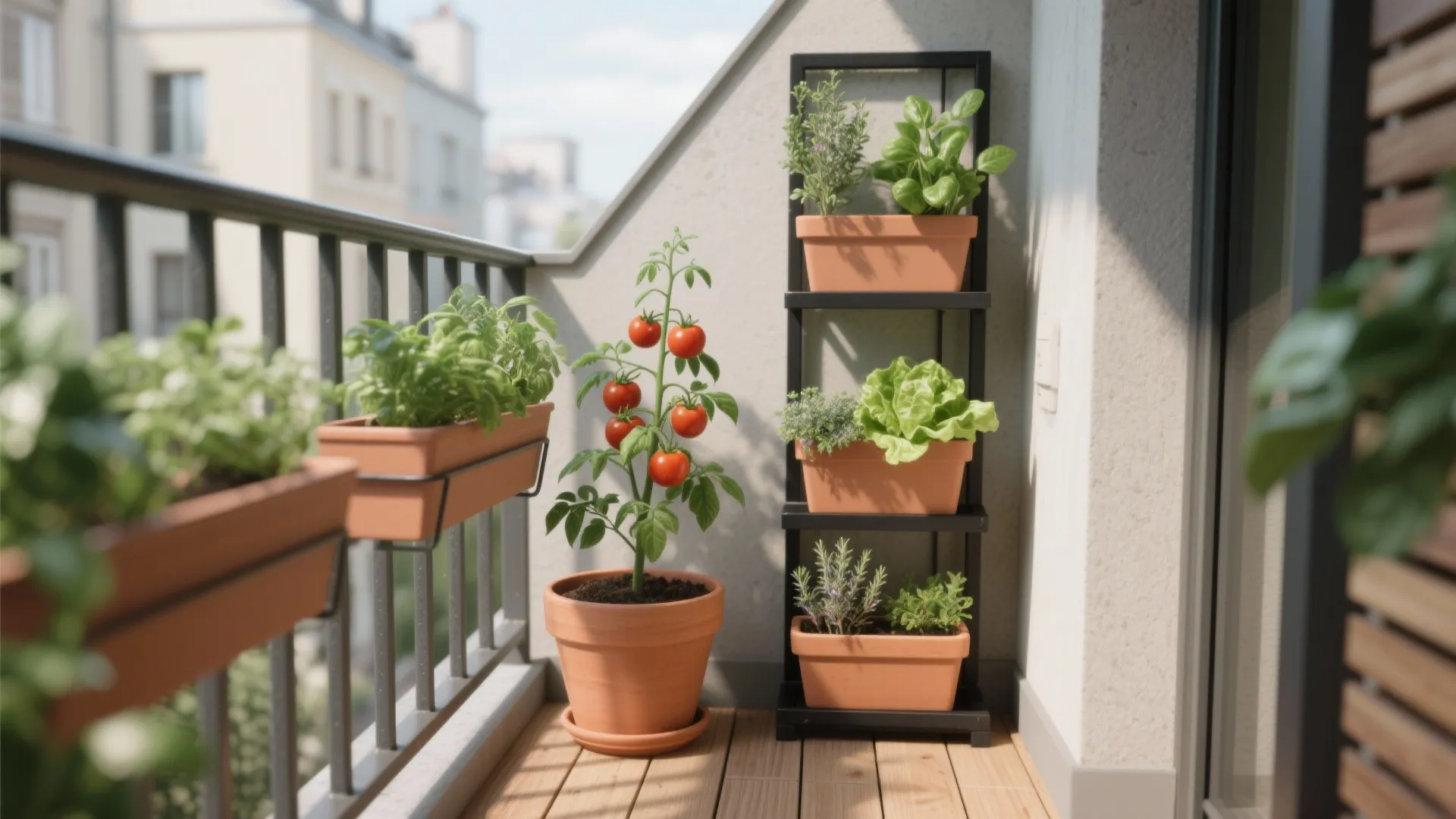 Balcony garden with red tomato plants in pots and green herbs on a black rack