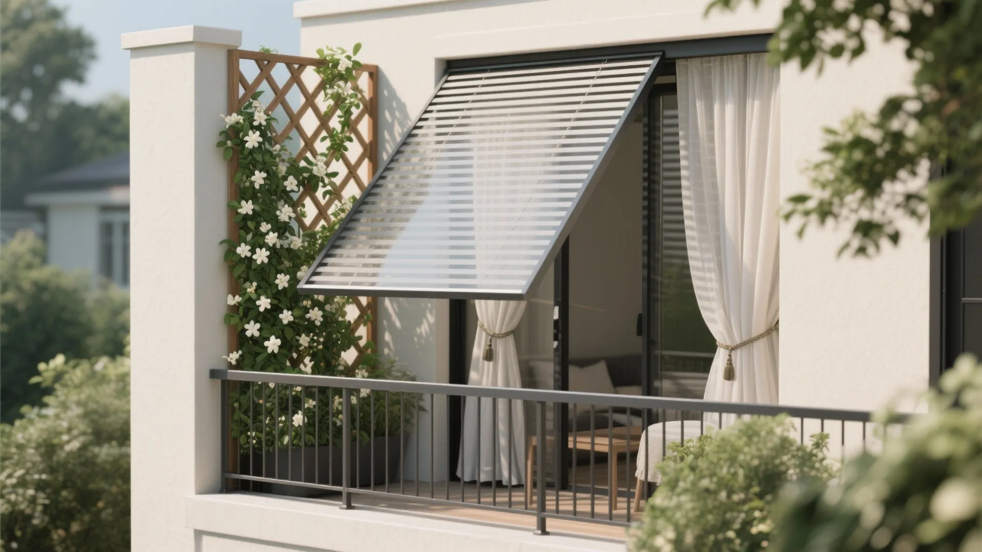 Modern balcony featuring a sun shade blind with white curtains green climbing plants and railing