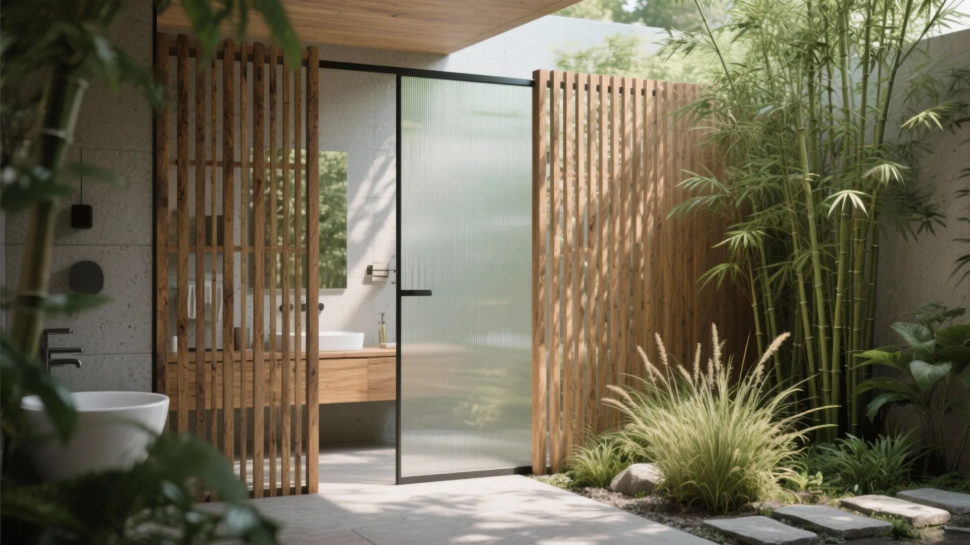 Modern outdoor bathroom with glass door wooden wall panels green bamboo plants and white bathtub