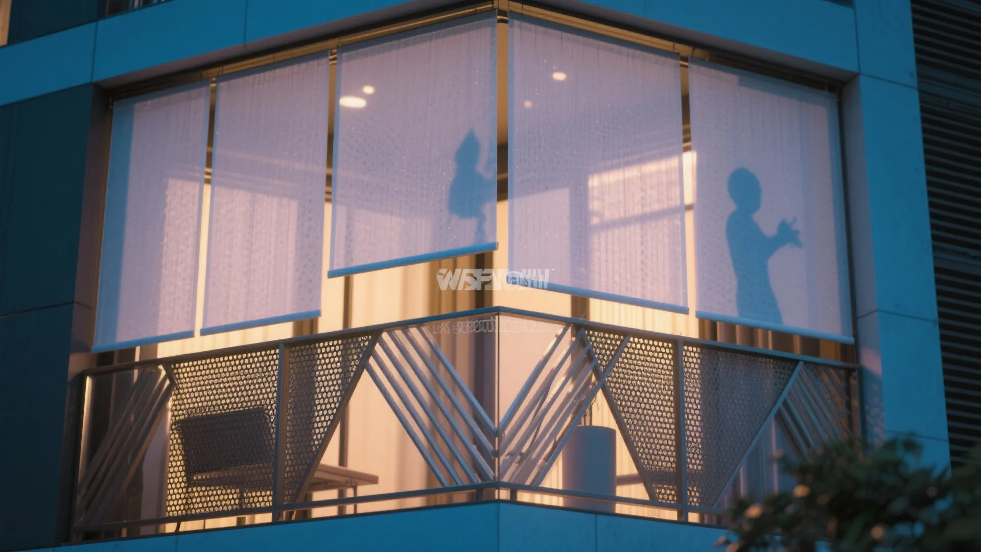 Layered privacy with translucent top panels, denser lower panels, and angled louvers with backlighting.