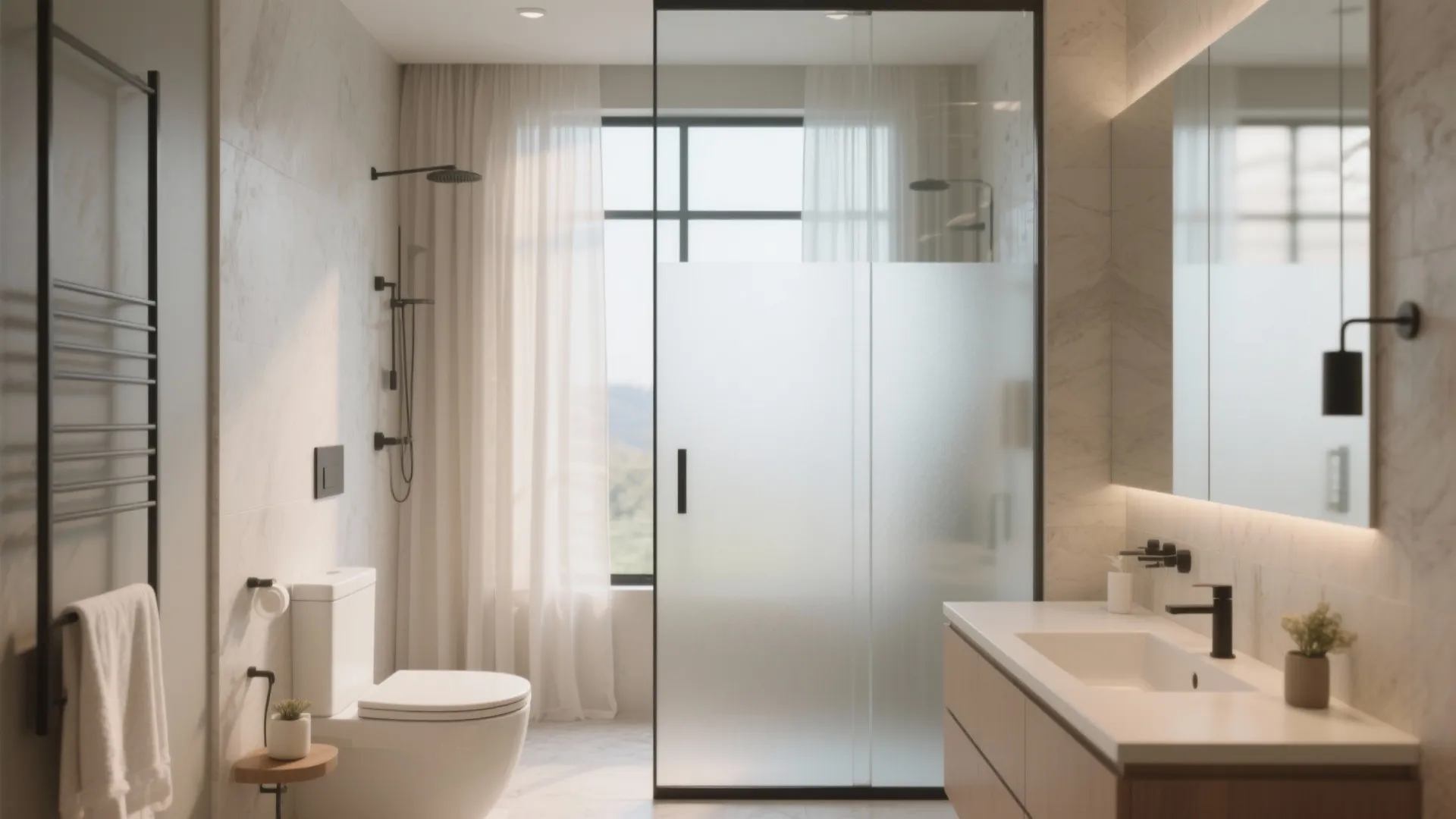 Modern bathroom with frosted glass shower door white toilet wooden cabinet mirror and natural window light