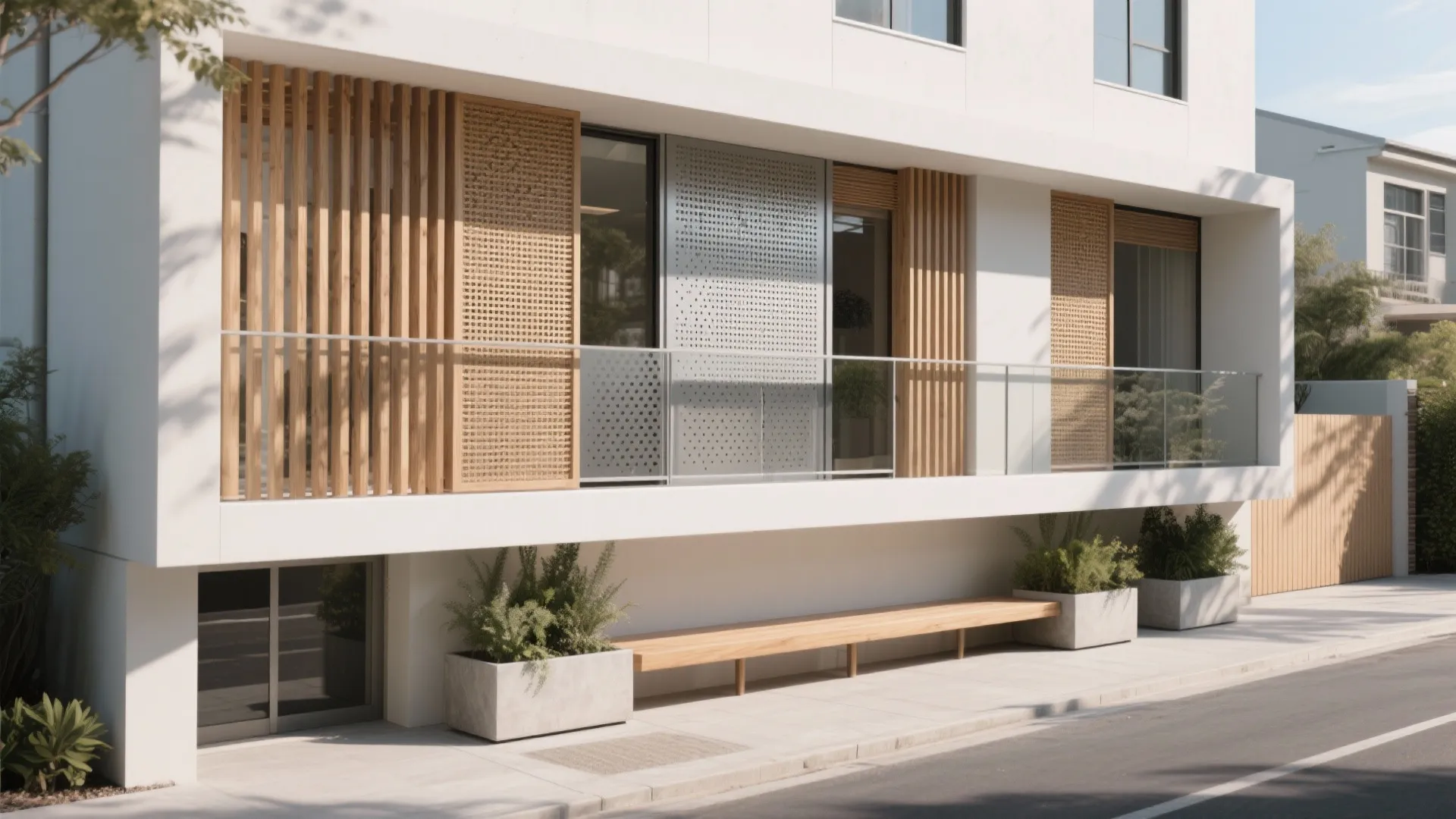 Modern building exterior with wooden wall panels privacy screens glass balcony and outdoor seating area