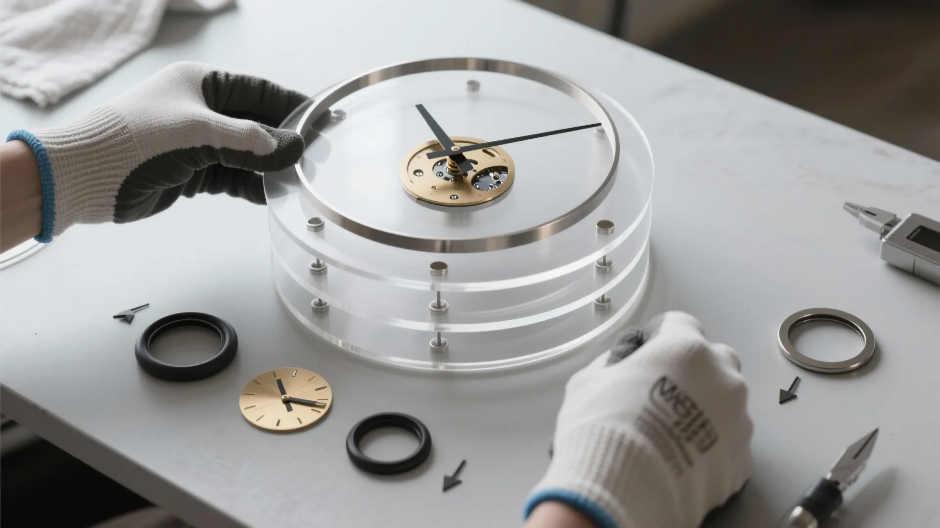 Person wearing gloves assembling a layered clear acrylic wall clock with gold and black parts