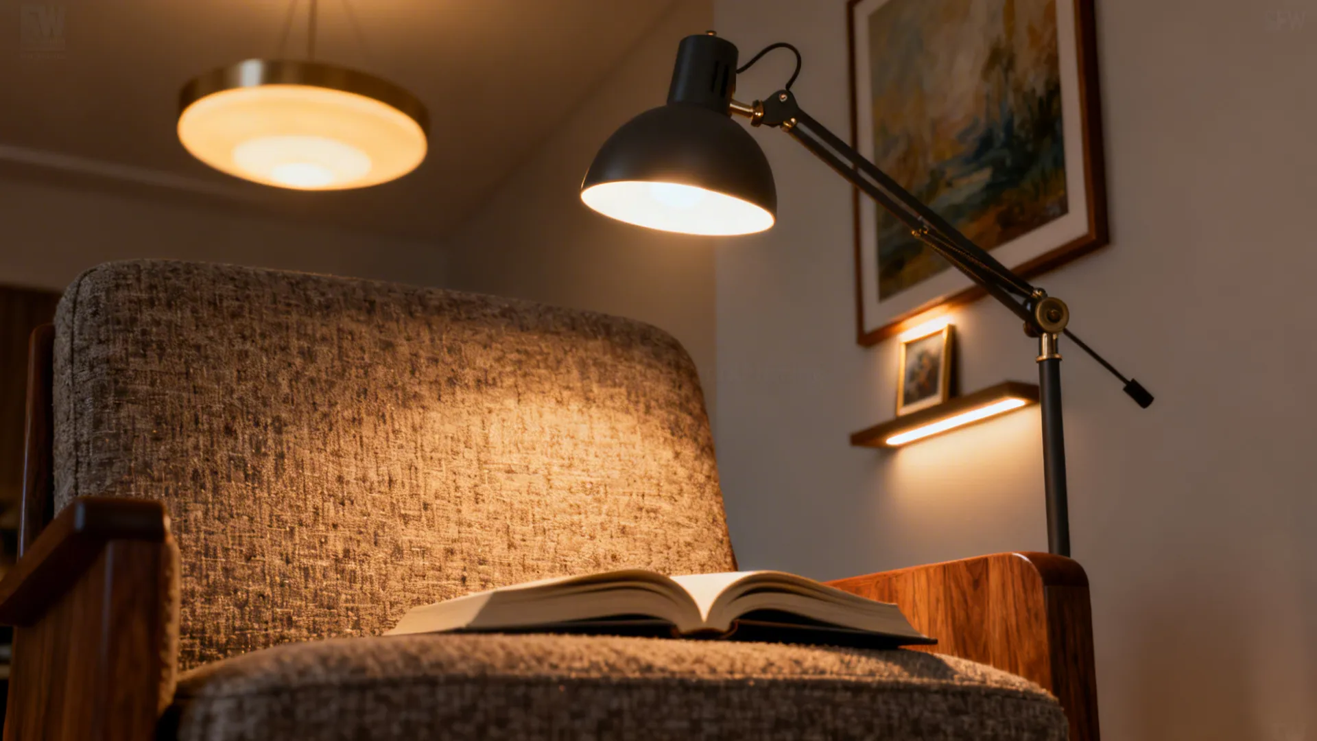 Reading corner with a task floor lamp, dimmable ambient glow, and accent picture light highlighting artwork.