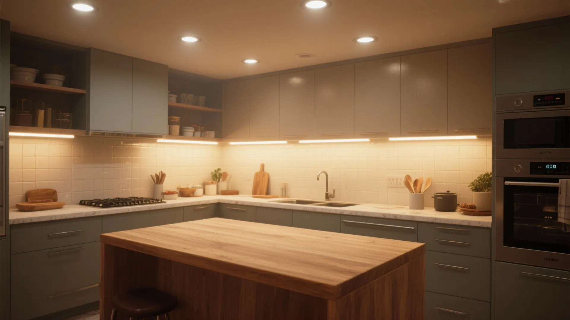 1. Layered recessed lighting for clear task and cozy ambient