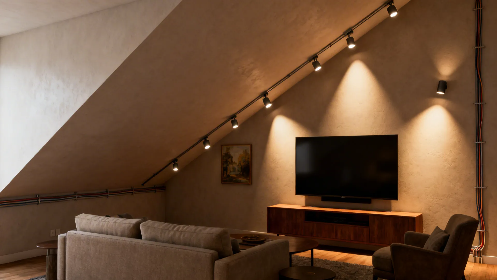 Living room with recessed cans on the high side and accent spots aimed at art and TV.