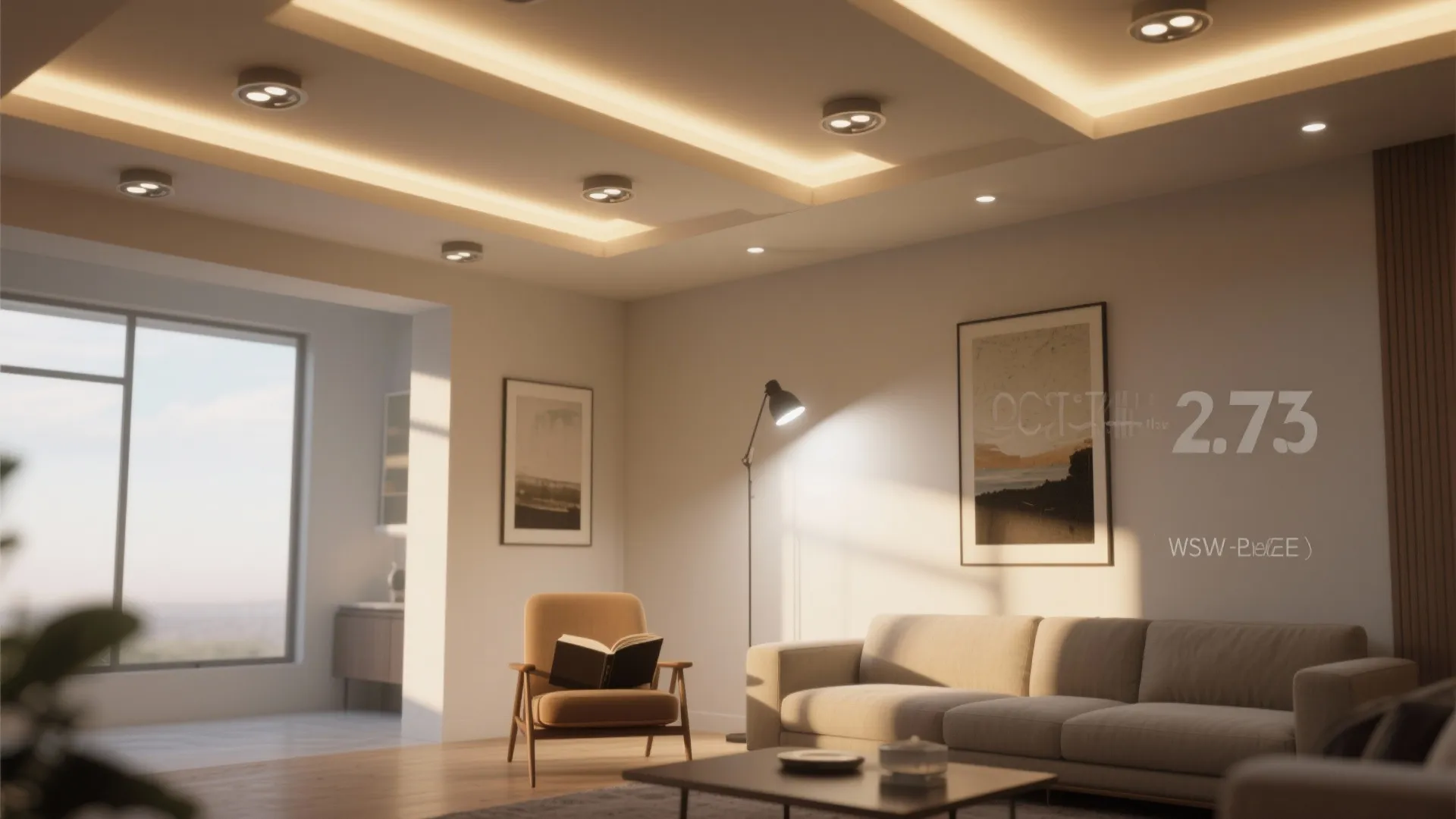 Modern living room with recessed ceiling lights warm sofa yellow chair and large wall art
