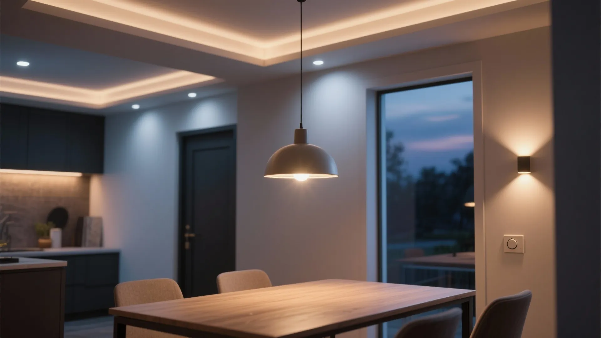 2. Layered lighting with recessed plus pendant
