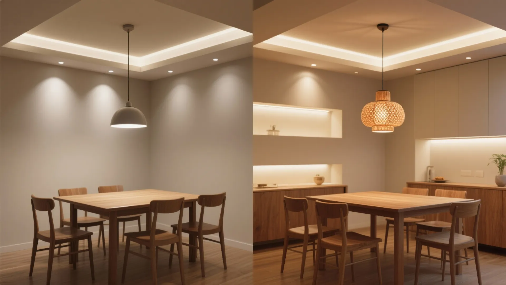 Before-and-after comparison of recessed ambient lighting alone vs recessed plus central pendant layering in a dining space.