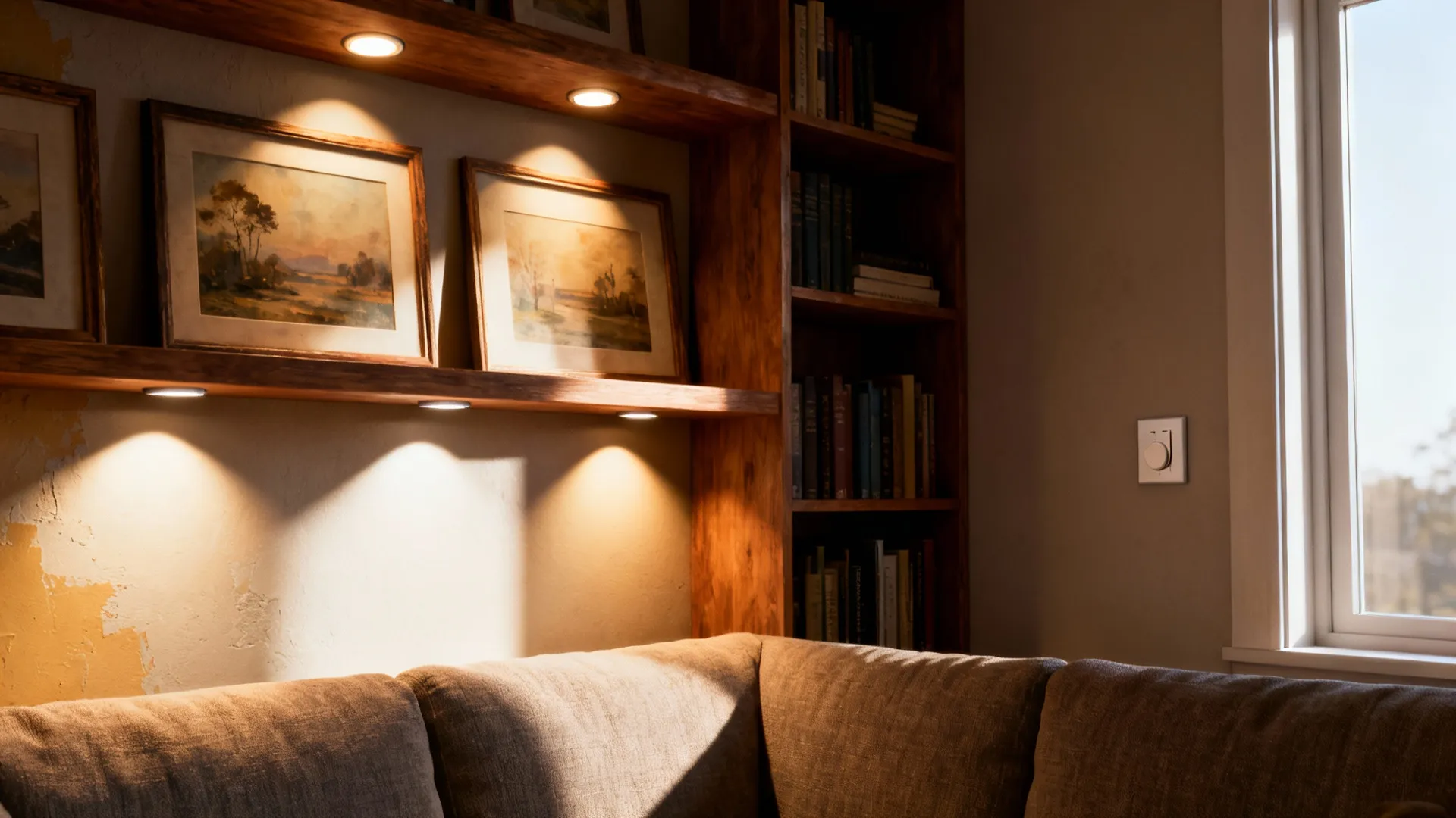 Living room corner with recessed ambient cans and adjustable recessed spots highlighting artwork and bookshelf.