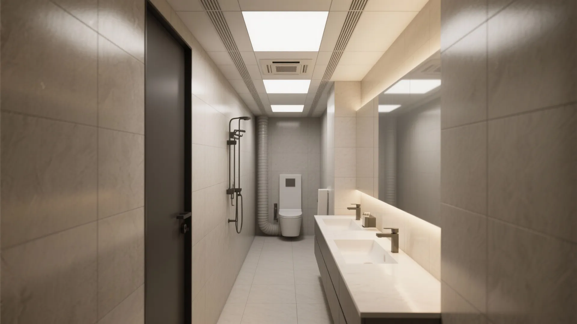 Long narrow modern bathroom featuring double sink vanity large mirror toilet shower and bright ceiling light