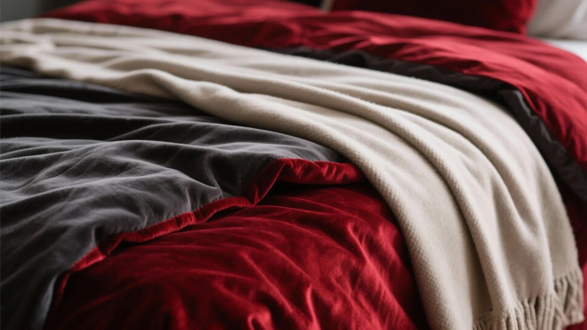 Close up view of layered bedding with grey fabric red velvet and cream knit blanket