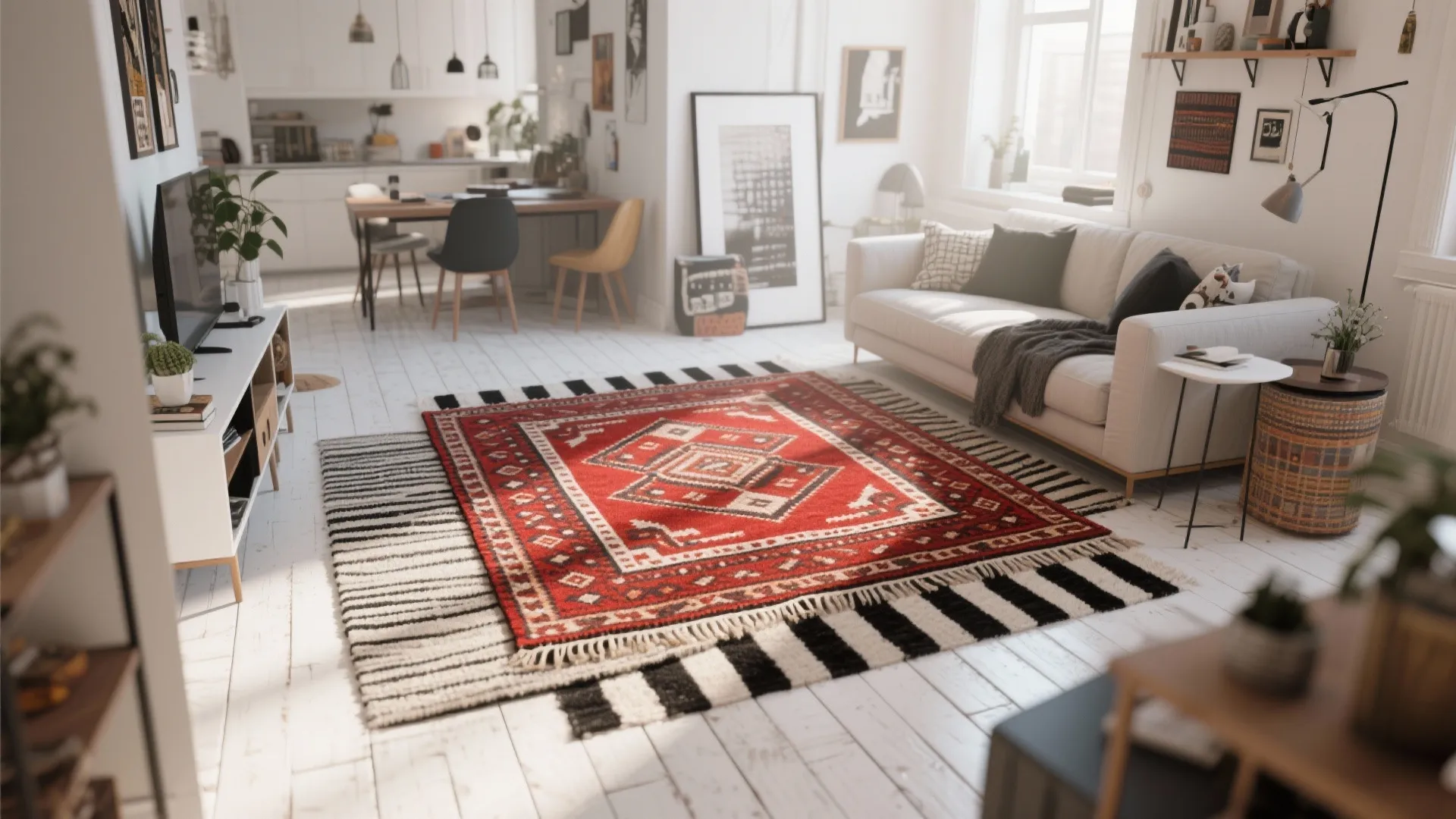 8. Red and Black Rugs on White Floors