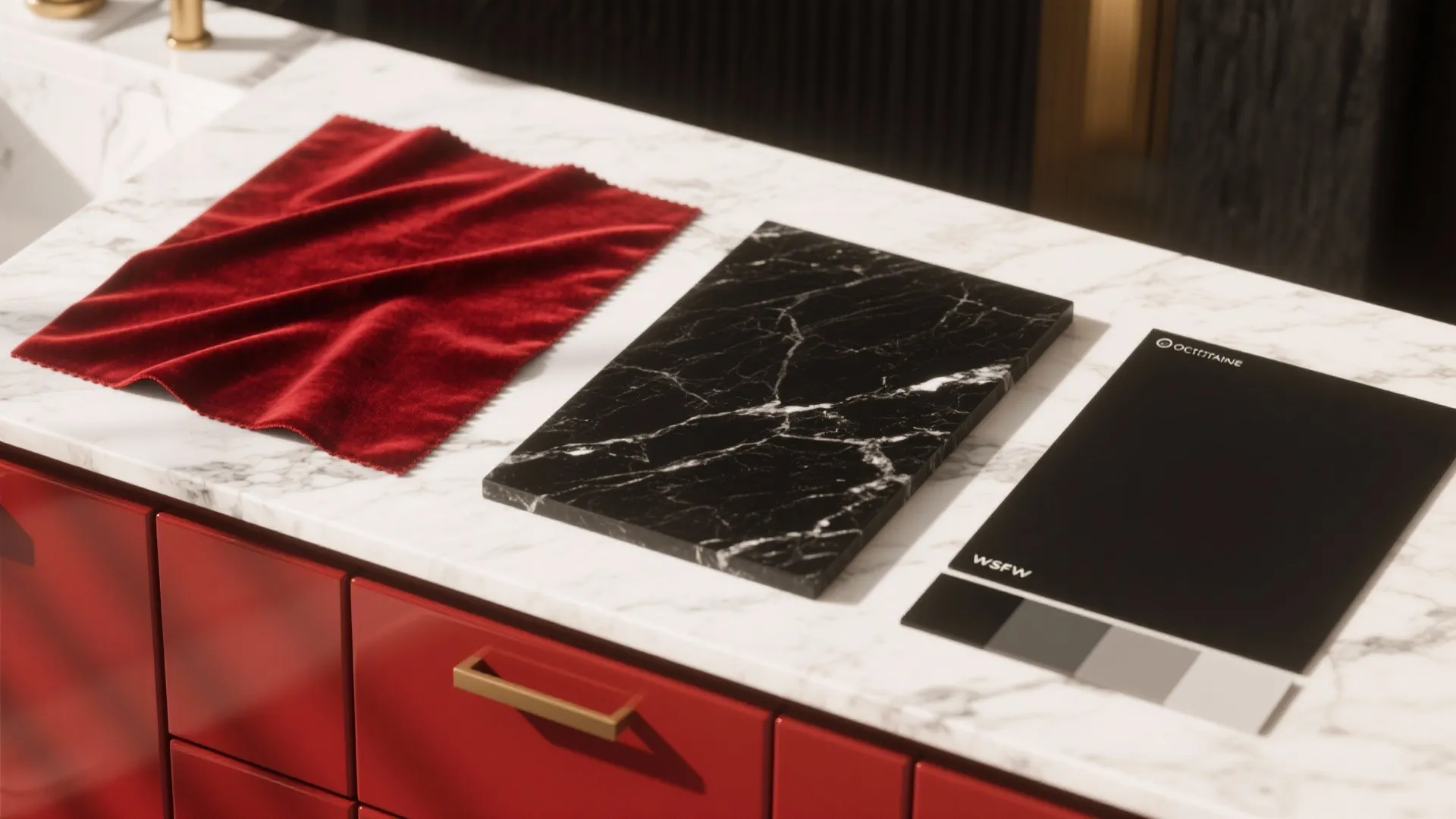 Interior design materials including red fabric black stone and color samples on marble table top
