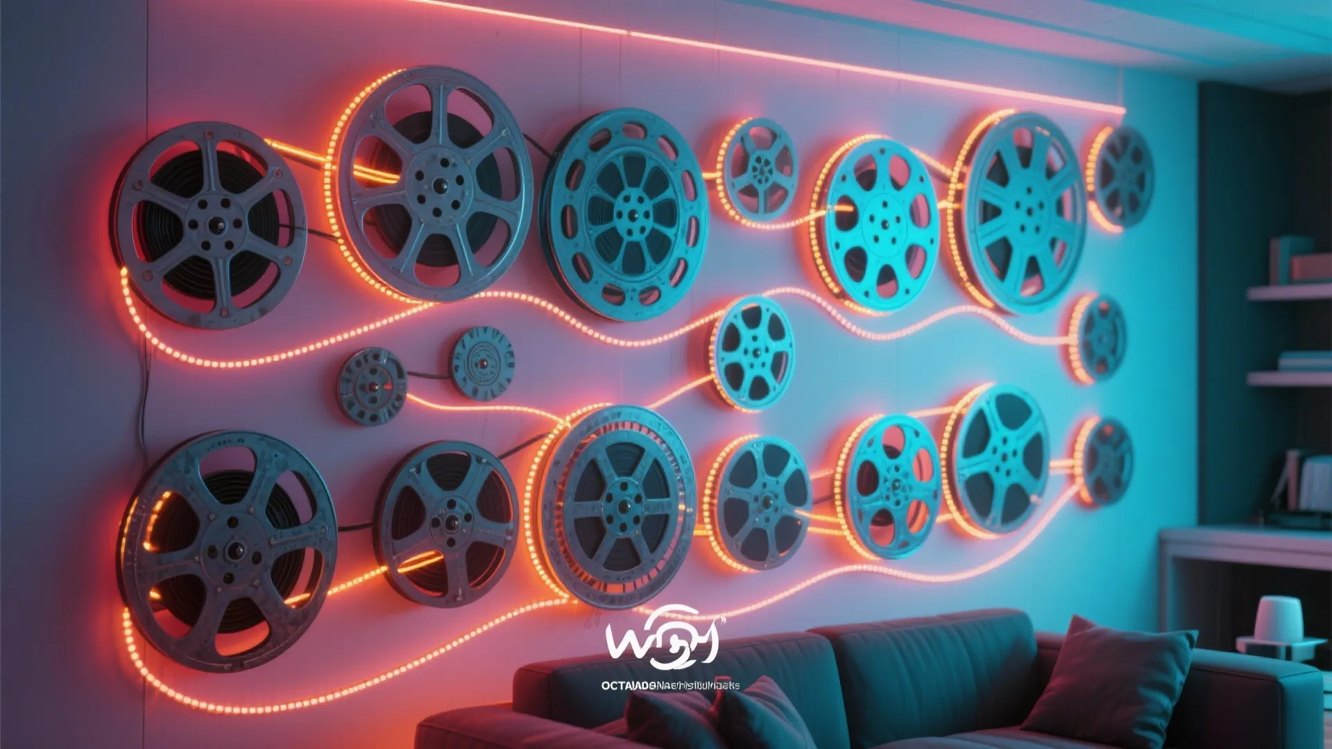 Layered movie reels with integrated LED lighting on a modern wall