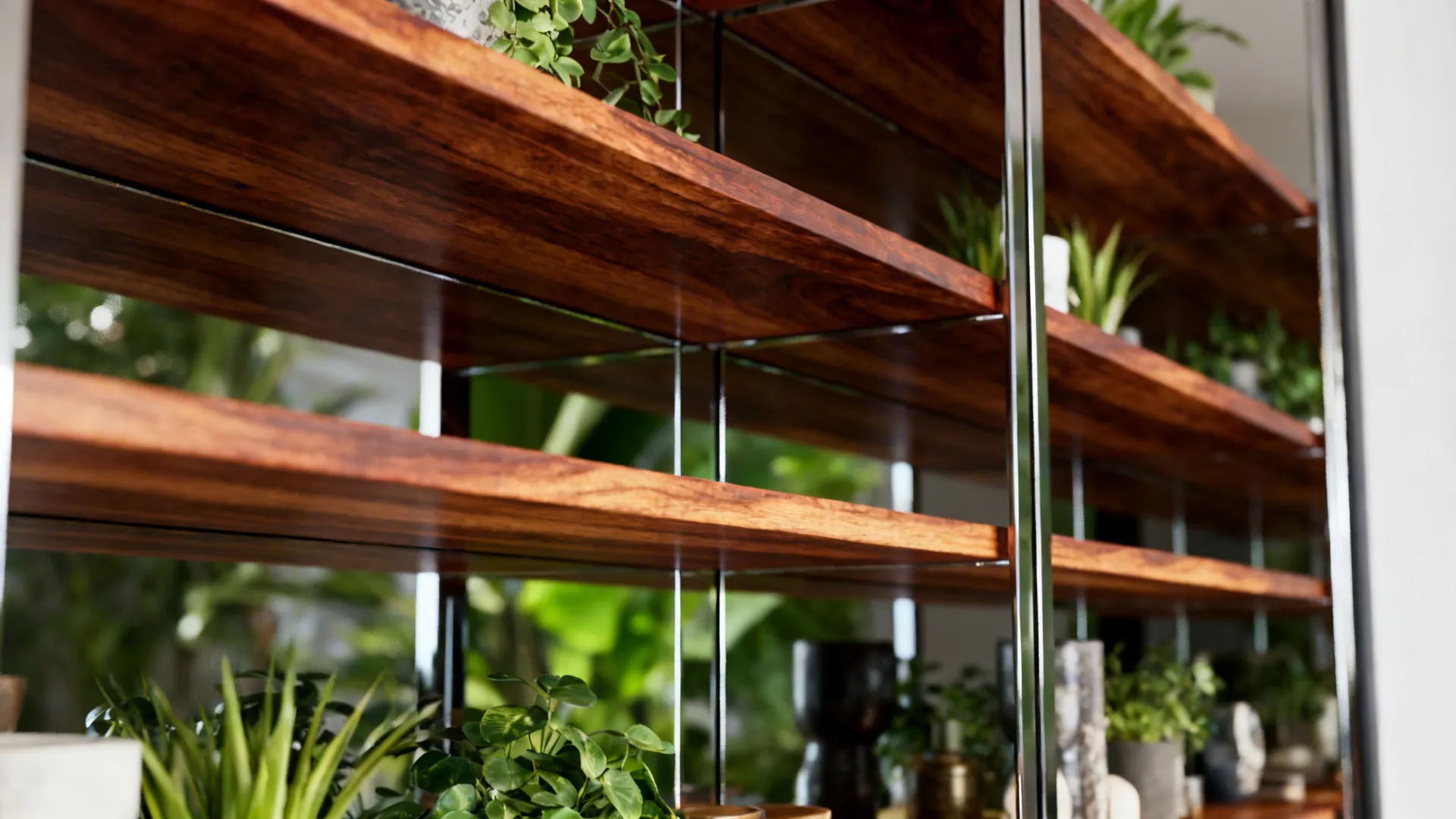 Close up of wooden wall shelves with green plants and small decorative items in home office