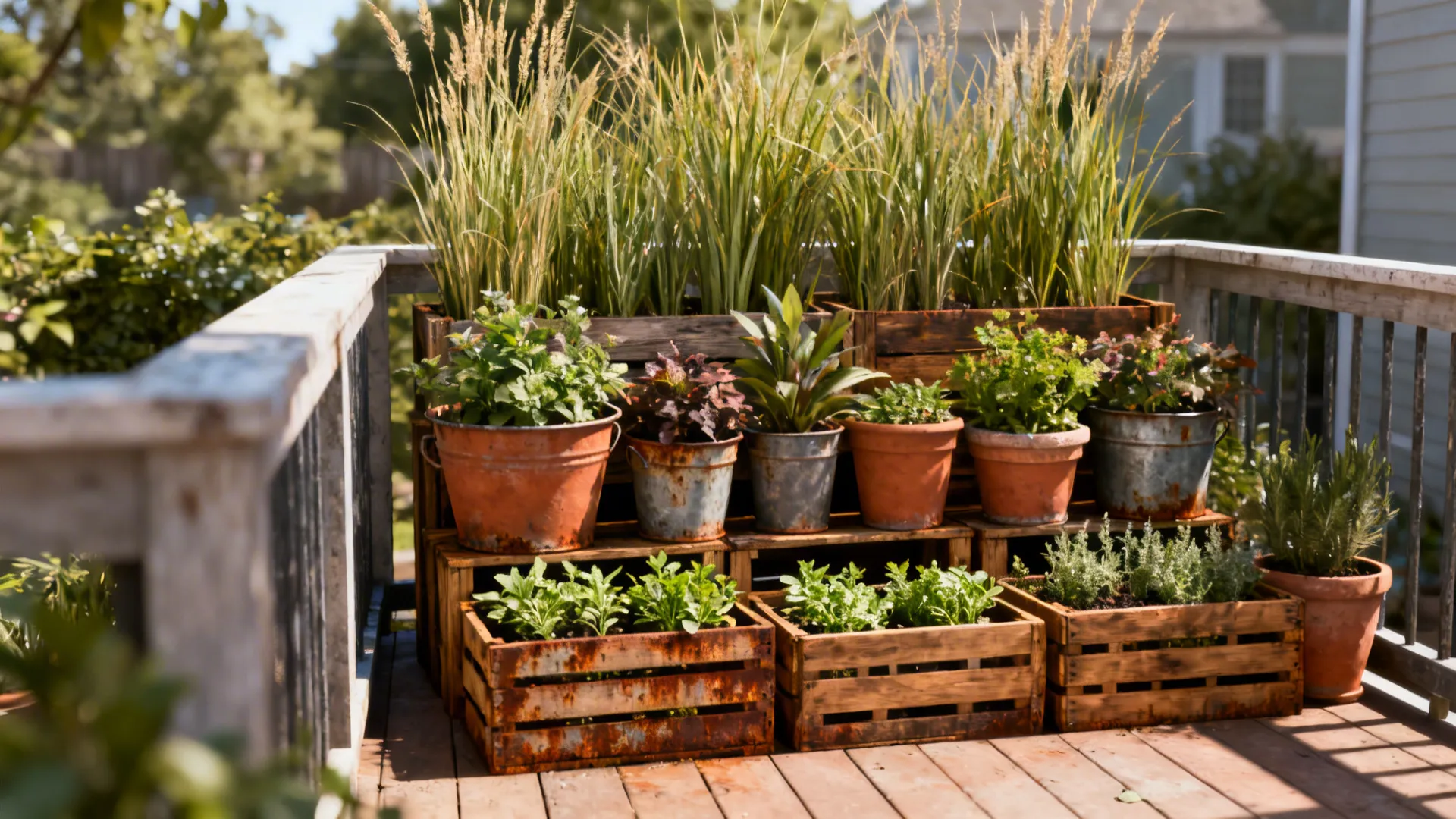 Layered container garden of mismatched pots, buckets, and crates arranged by height on a small patio.