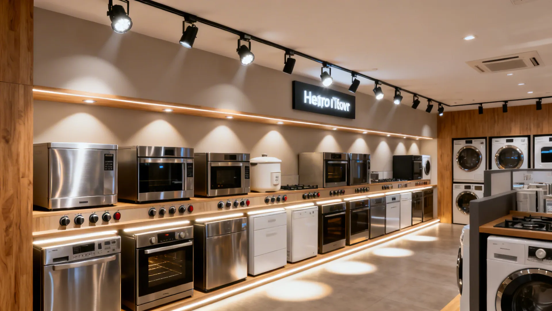 Appliance showroom displaying rows of ovens and microwaves under bright black track ceiling light fixtures