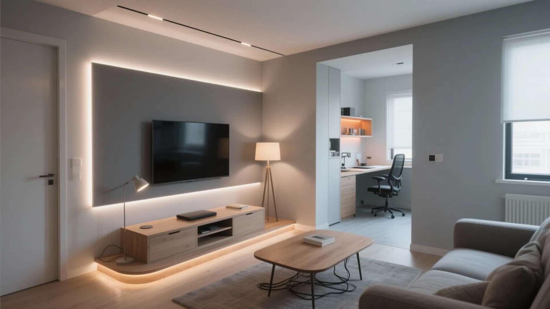 Layered RGB zoning with cove LEDs, TV wall glow, and under-sofa accent in a tiny living room.